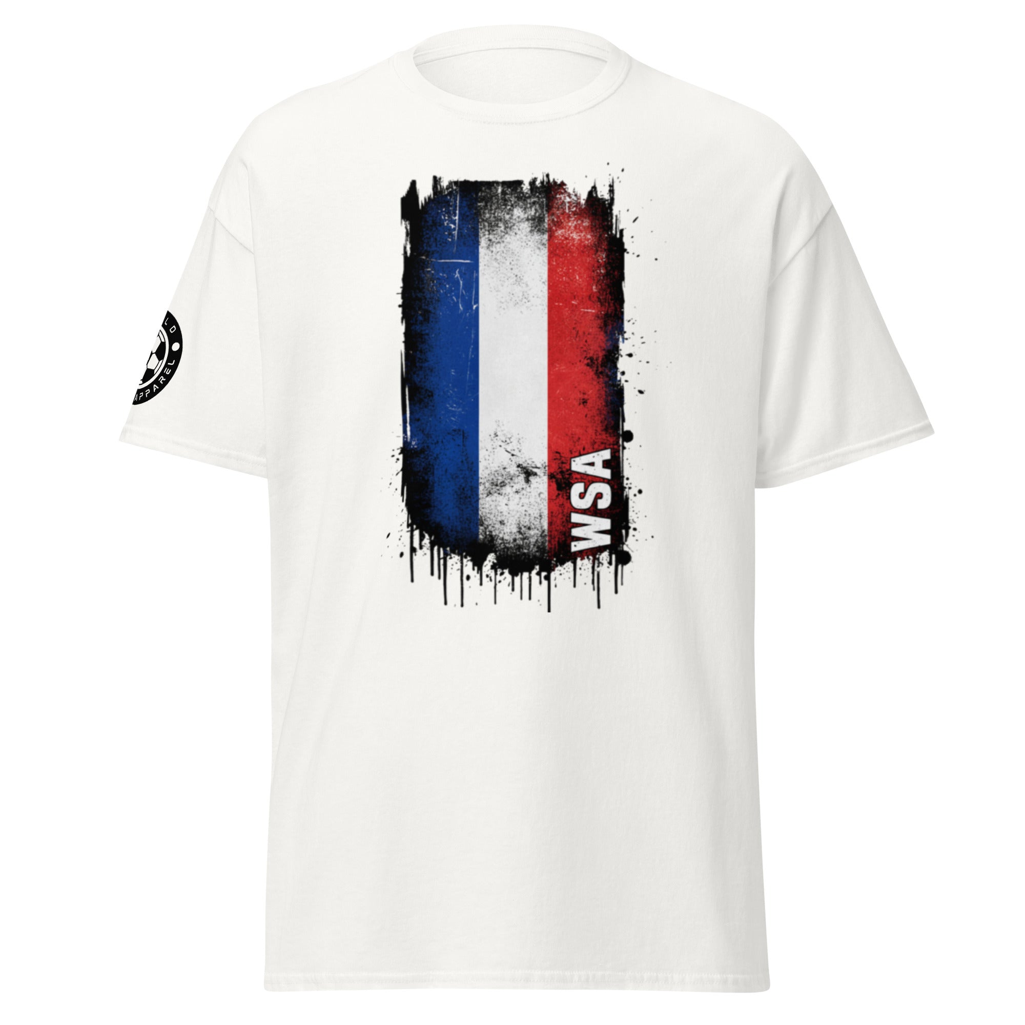 White t-shirt with a colorful graphic design on a white background