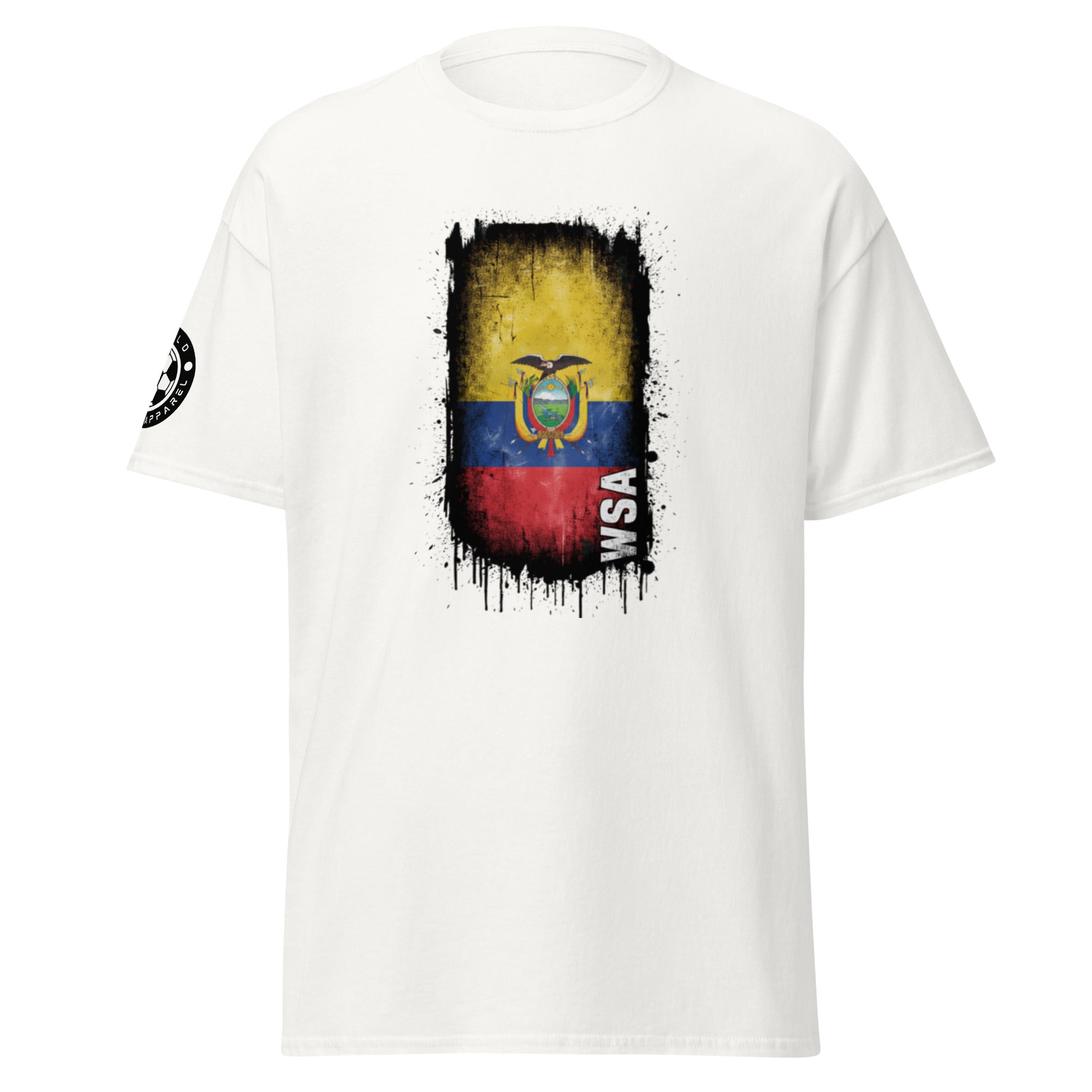 White t-shirt with a colorful graphic design on a white background