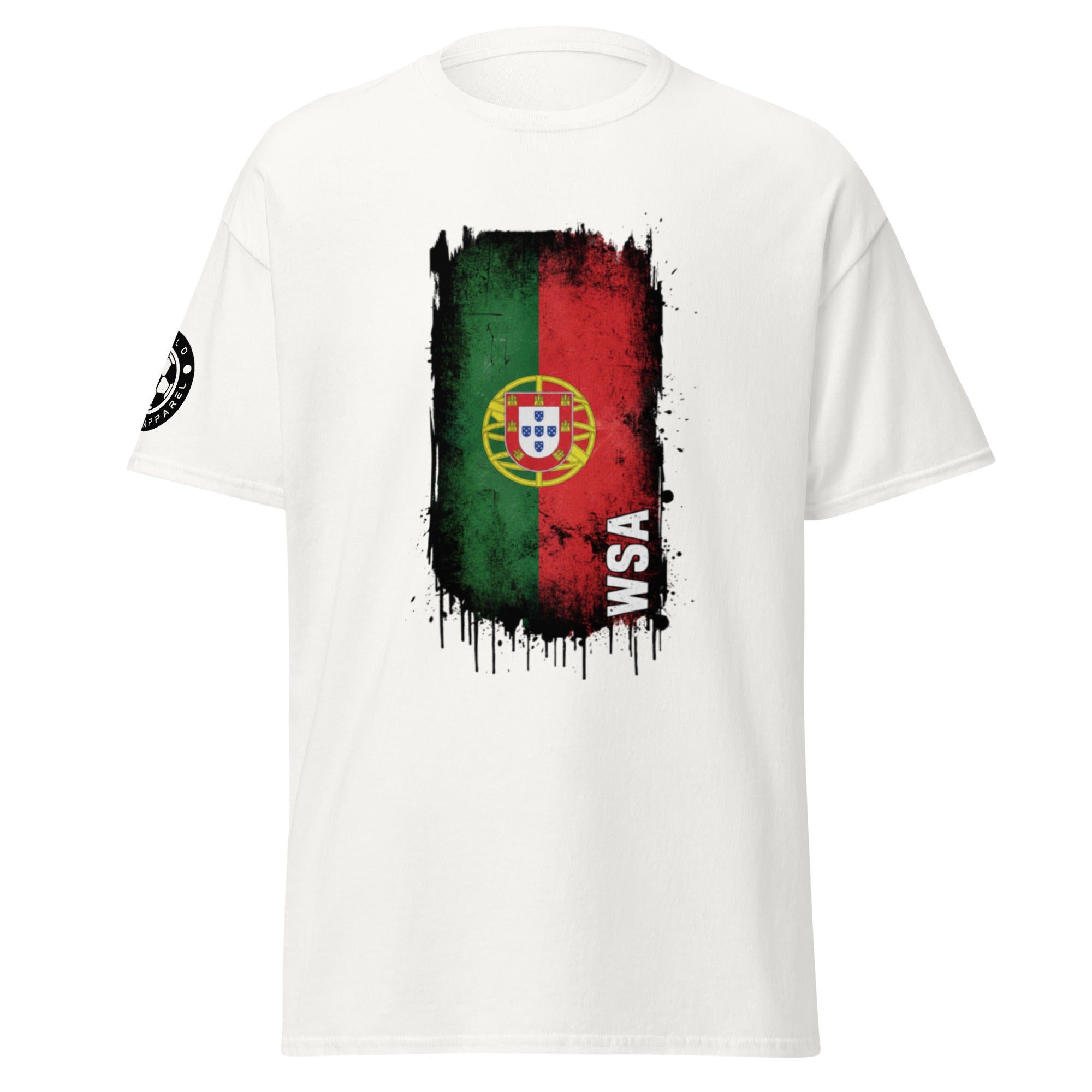 White t-shirt with a colorful design on the chest and sleeve, featuring a flag and text.