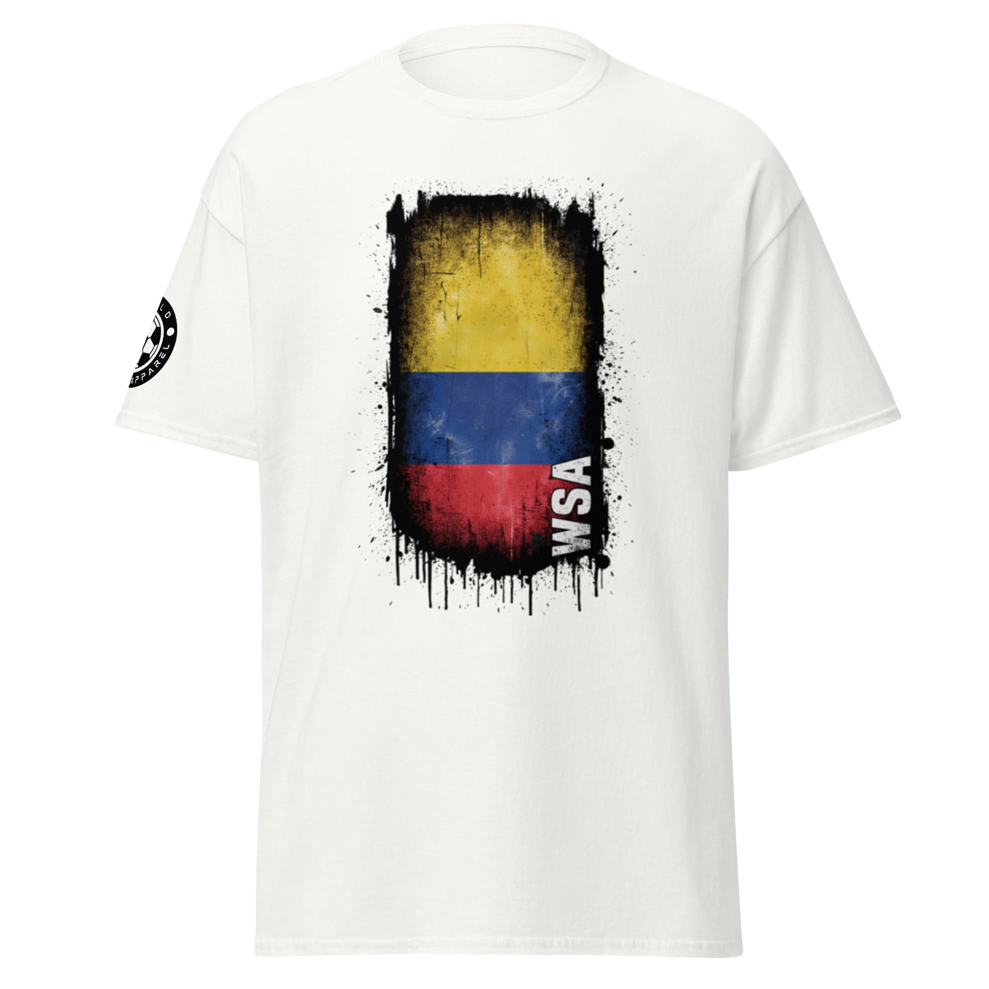 White t-shirt with a colorful graphic design on a white background