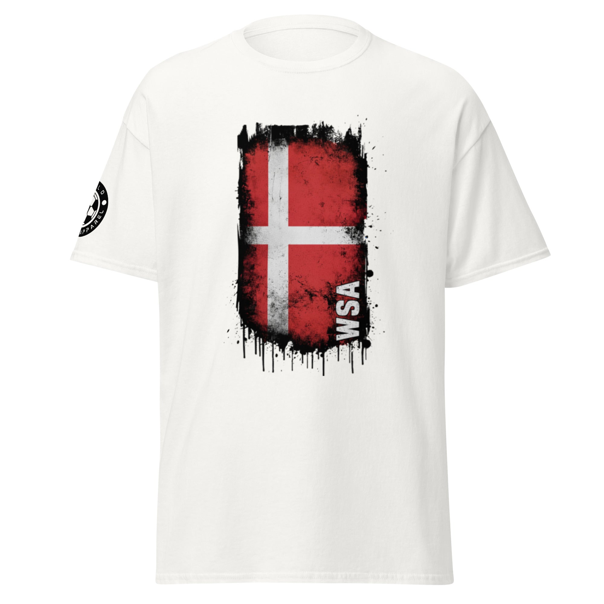 White t-shirt with Danish flag design and 'WSA' text on a white background