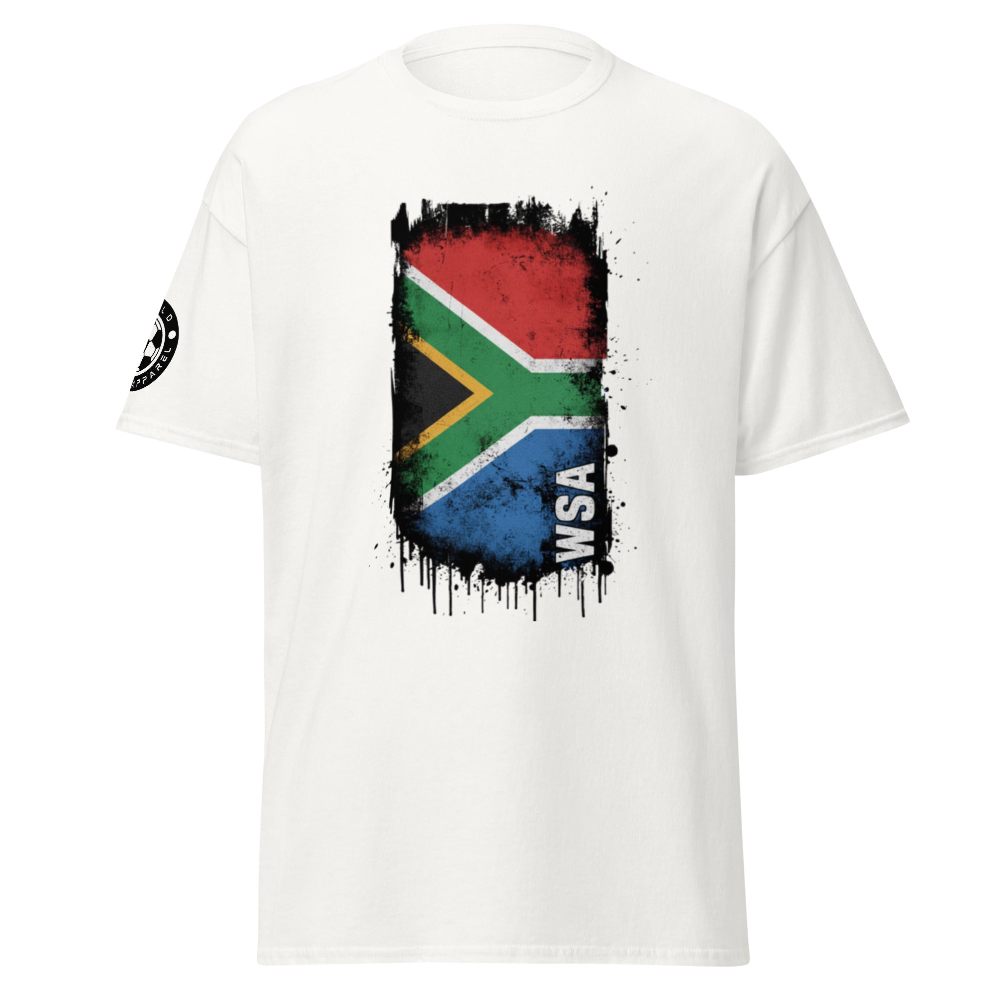 White t-shirt with South African flag design and 'WSA' branding on a white background