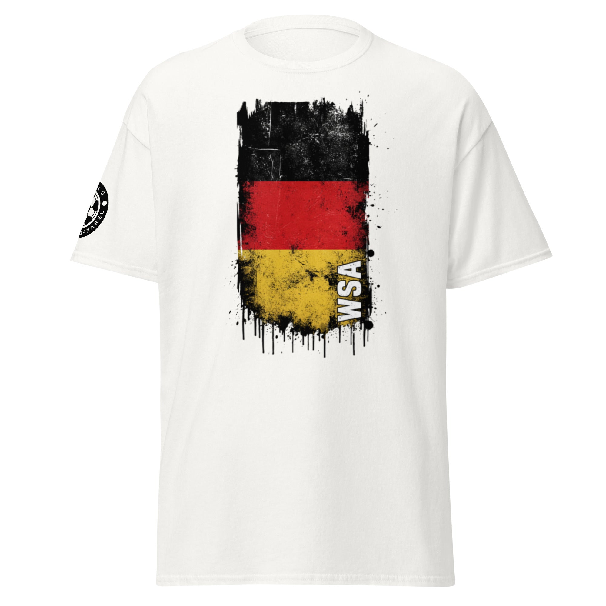 White t-shirt with a German flag design on a white background