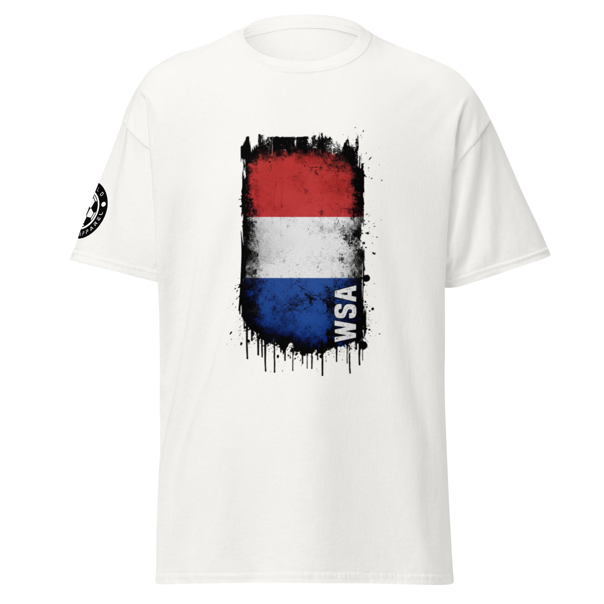 White t-shirt with a colorful graphic design on a white background