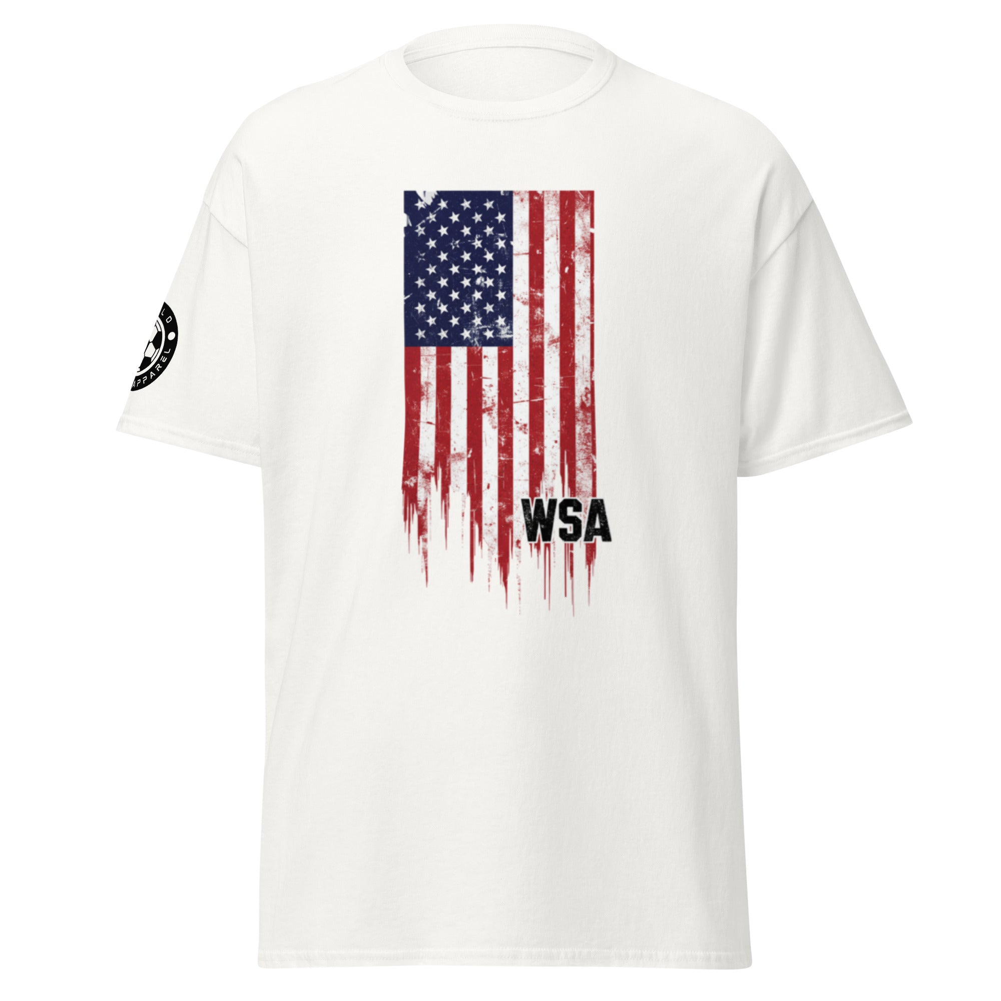 White t-shirt with American flag design and 'WSA' text on a white background