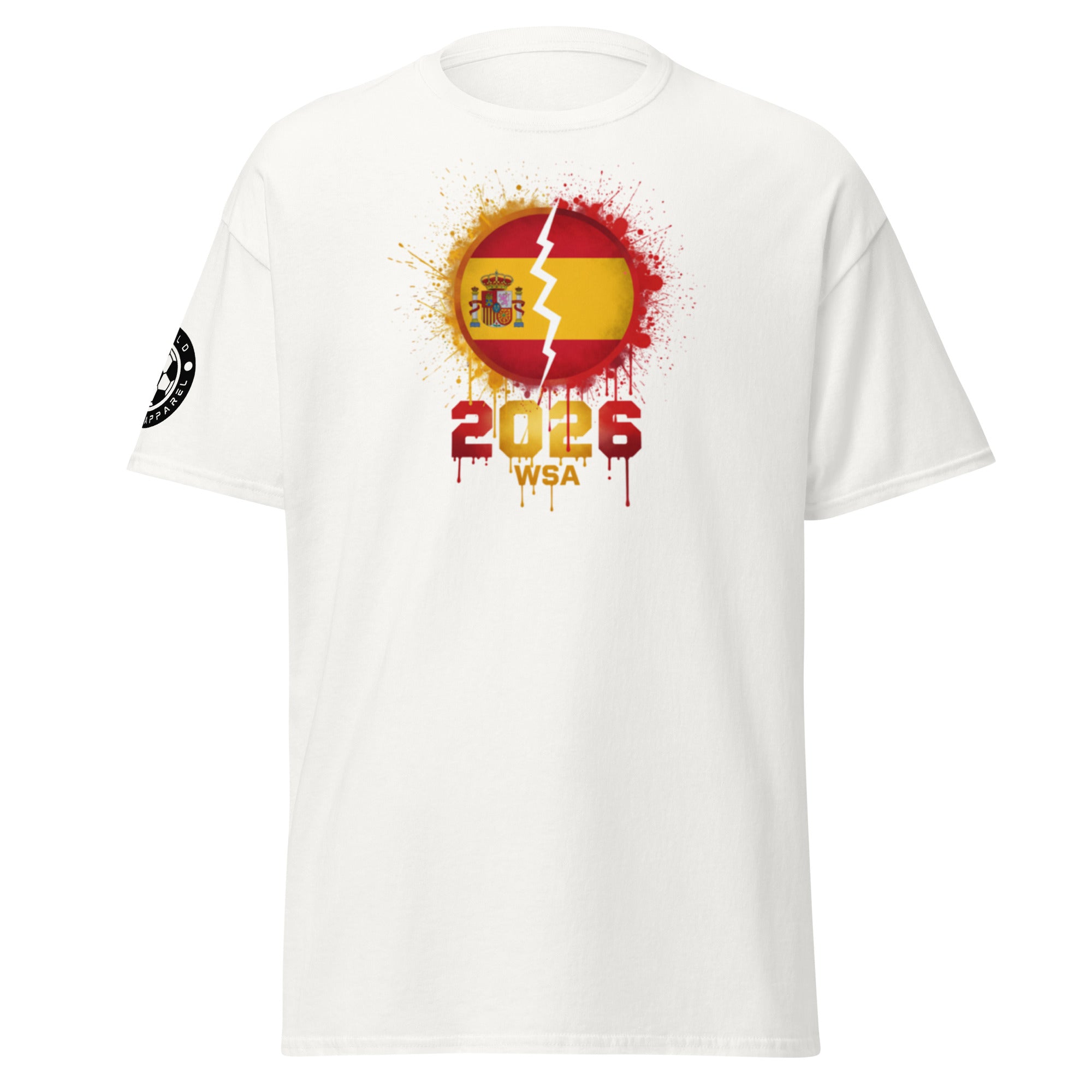 White t-shirt with a graphic design featuring a flag and '2026 WSA' text on a white background