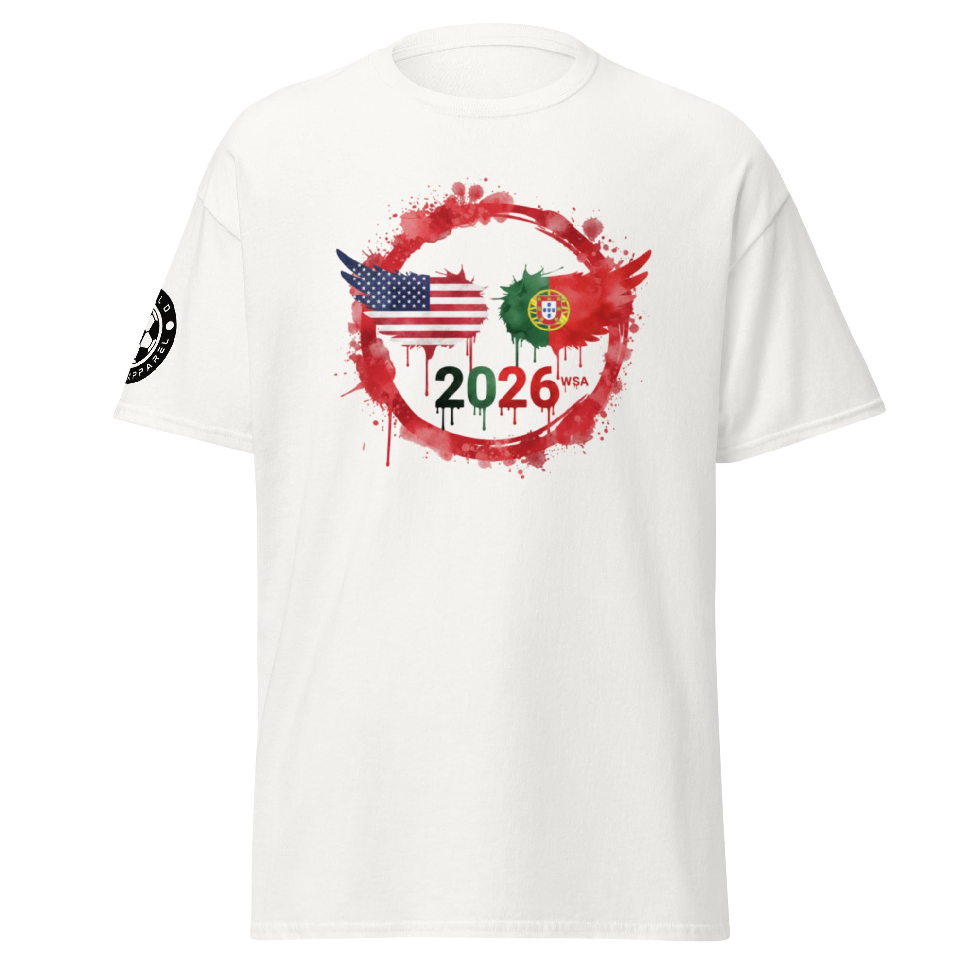 White t-shirt with 2026 FIFA World Cup design featuring American and Portuguese flags on a white background.