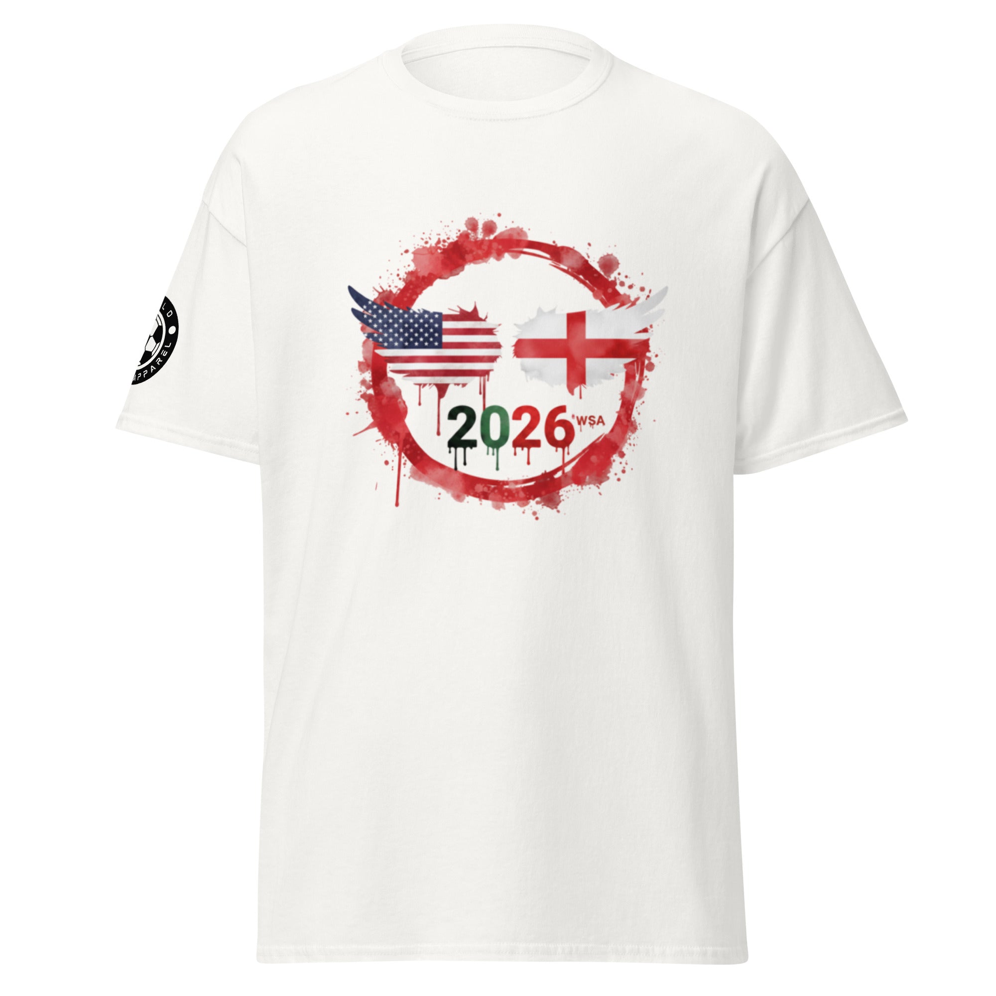 White t-shirt with a graphic design featuring numbers '2026' and flags on a white background