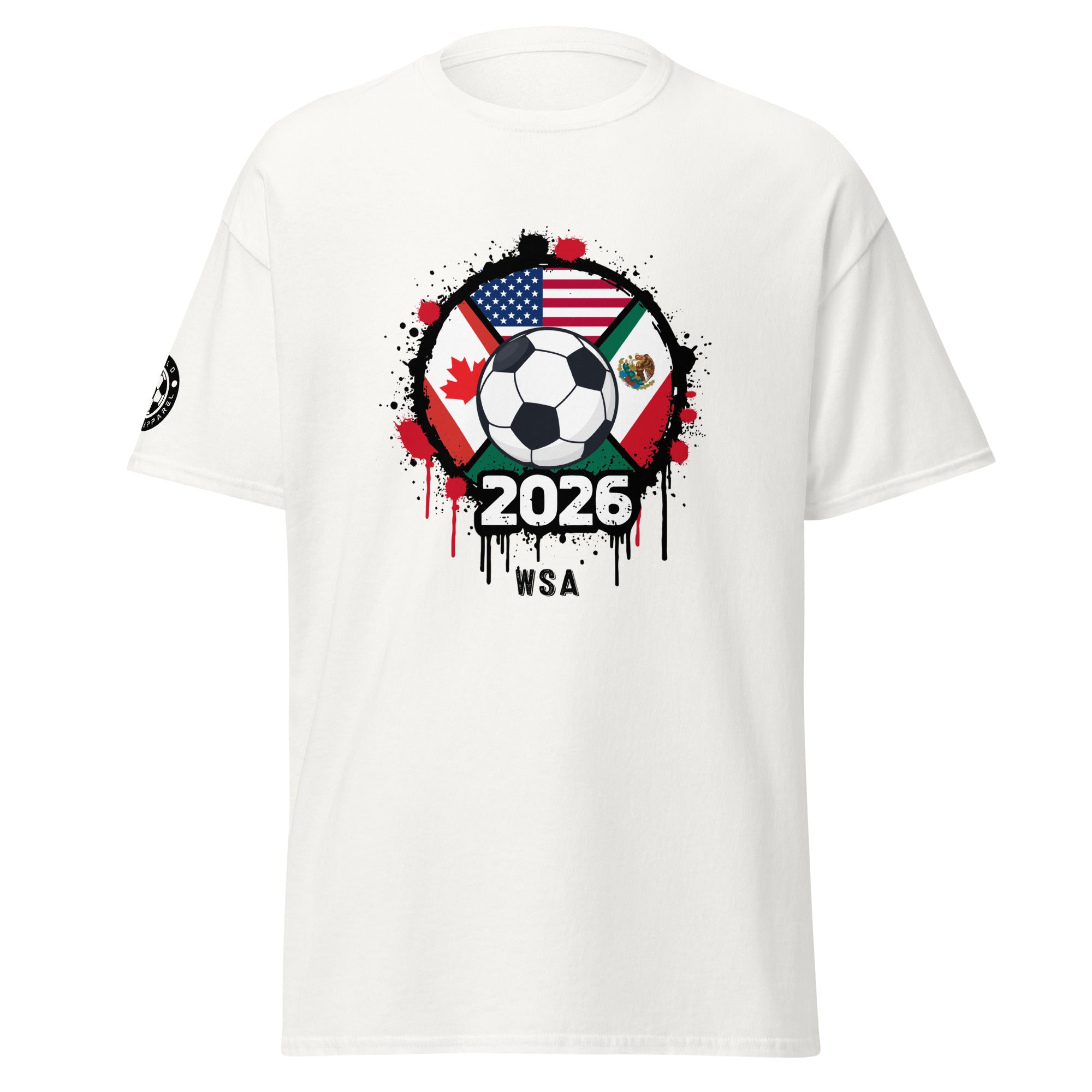 White t-shirt with soccer ball and flags design on a white background