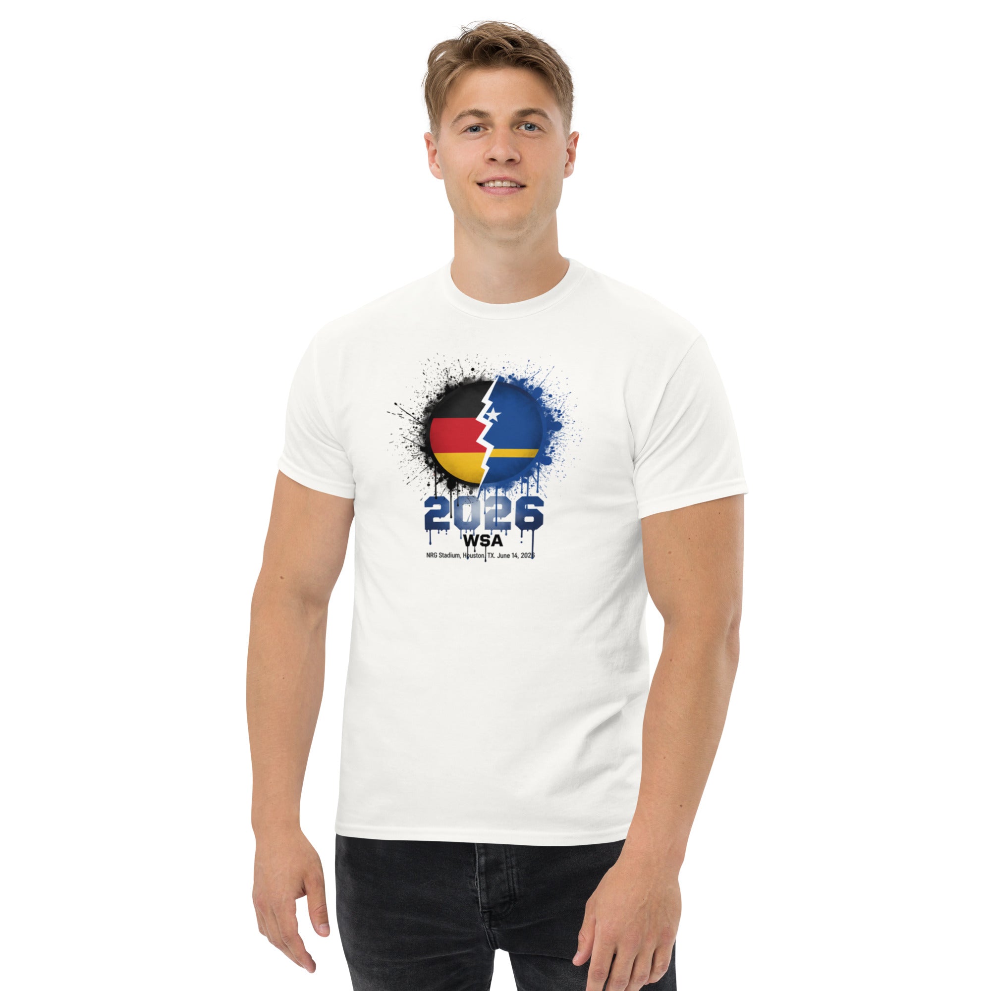 Man wearing a white t-shirt with a graphic design on a white background