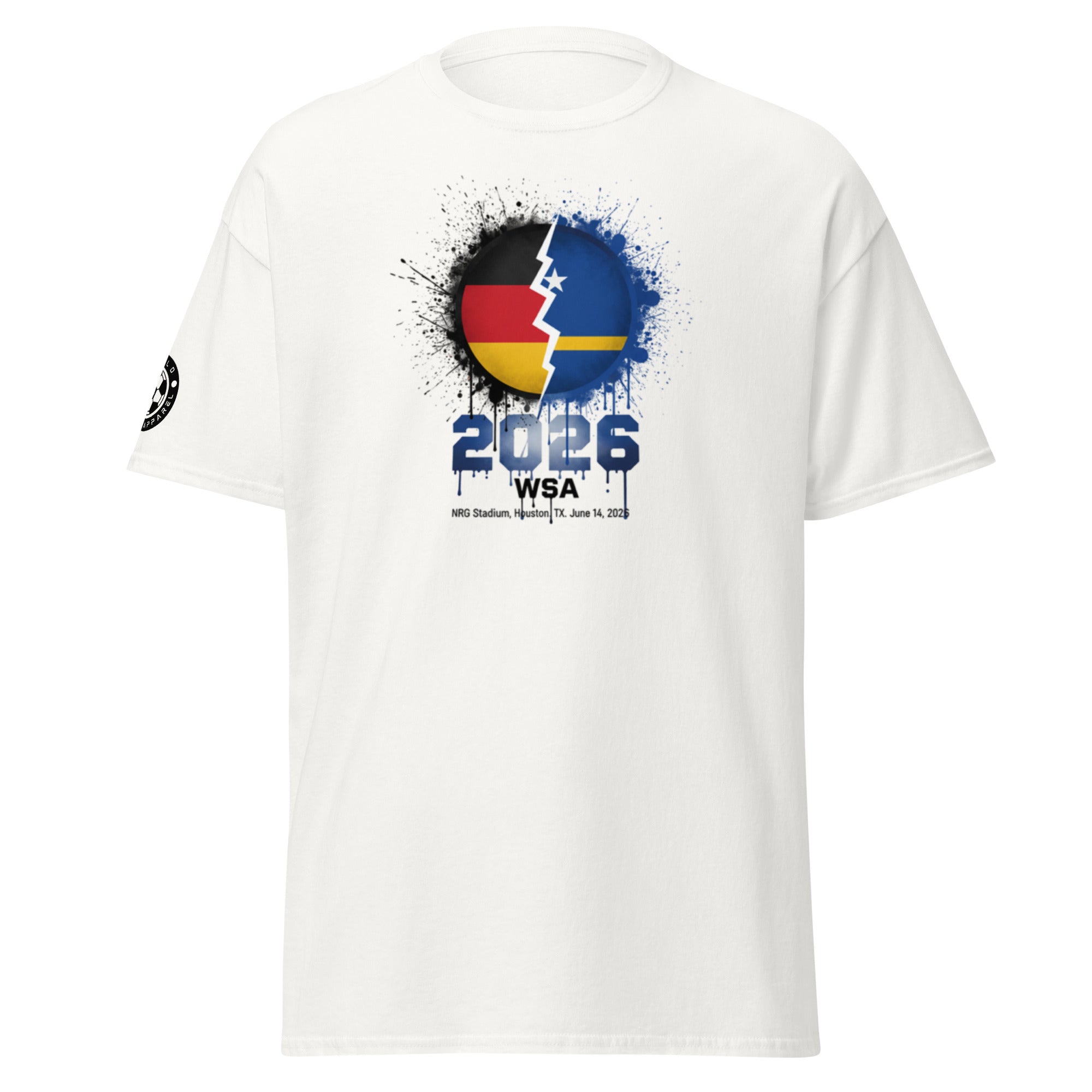 White t-shirt with a graphic design featuring colors and text on a white background