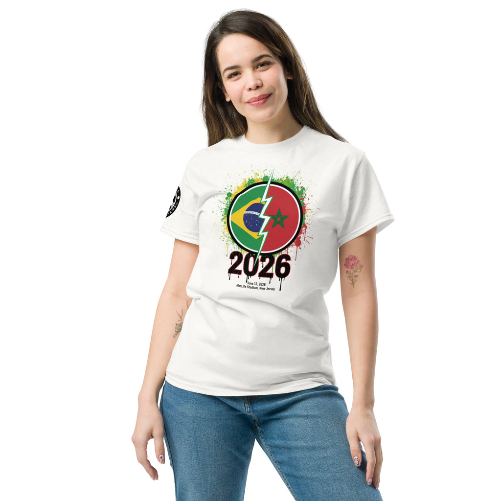 Woman wearing a white t-shirt with a colorful design and '2026' text on a white background