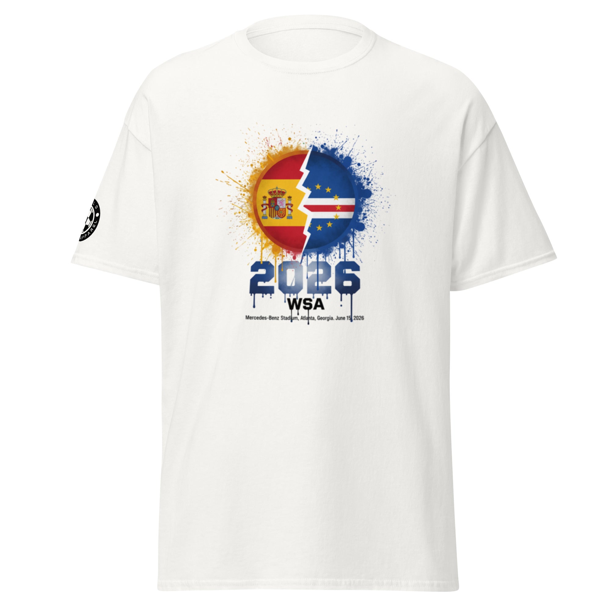 White t-shirt with colorful design featuring numbers and letters on a white background