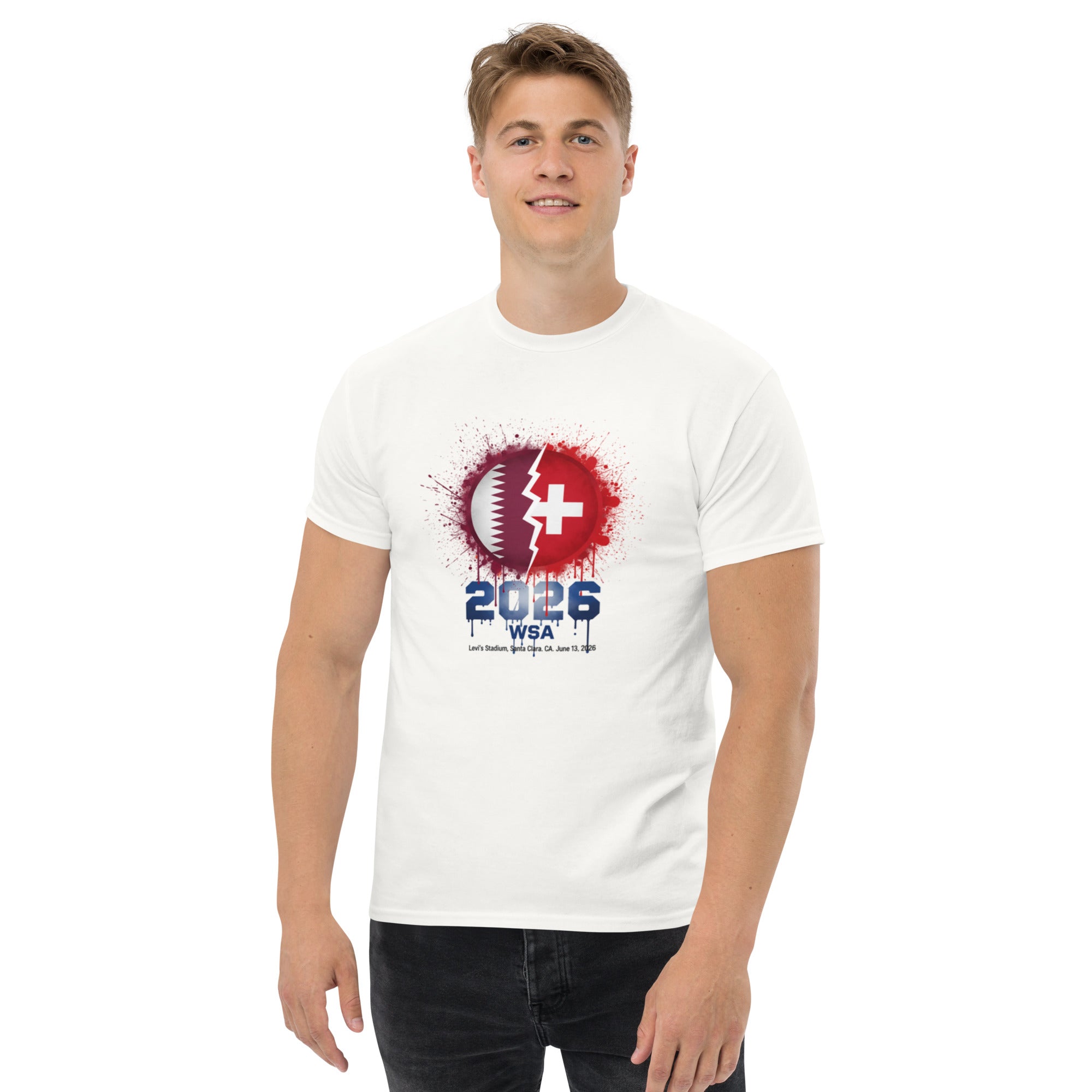 Person wearing a white t-shirt with a red and blue graphic design on a white background