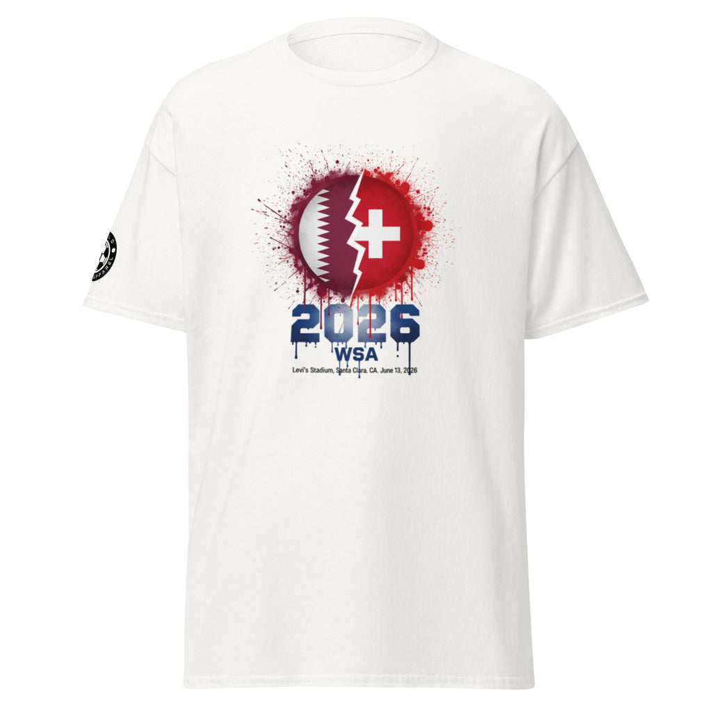 White t-shirt with a graphic design featuring a cross and lightning bolt, labeled '2026 WSA'.