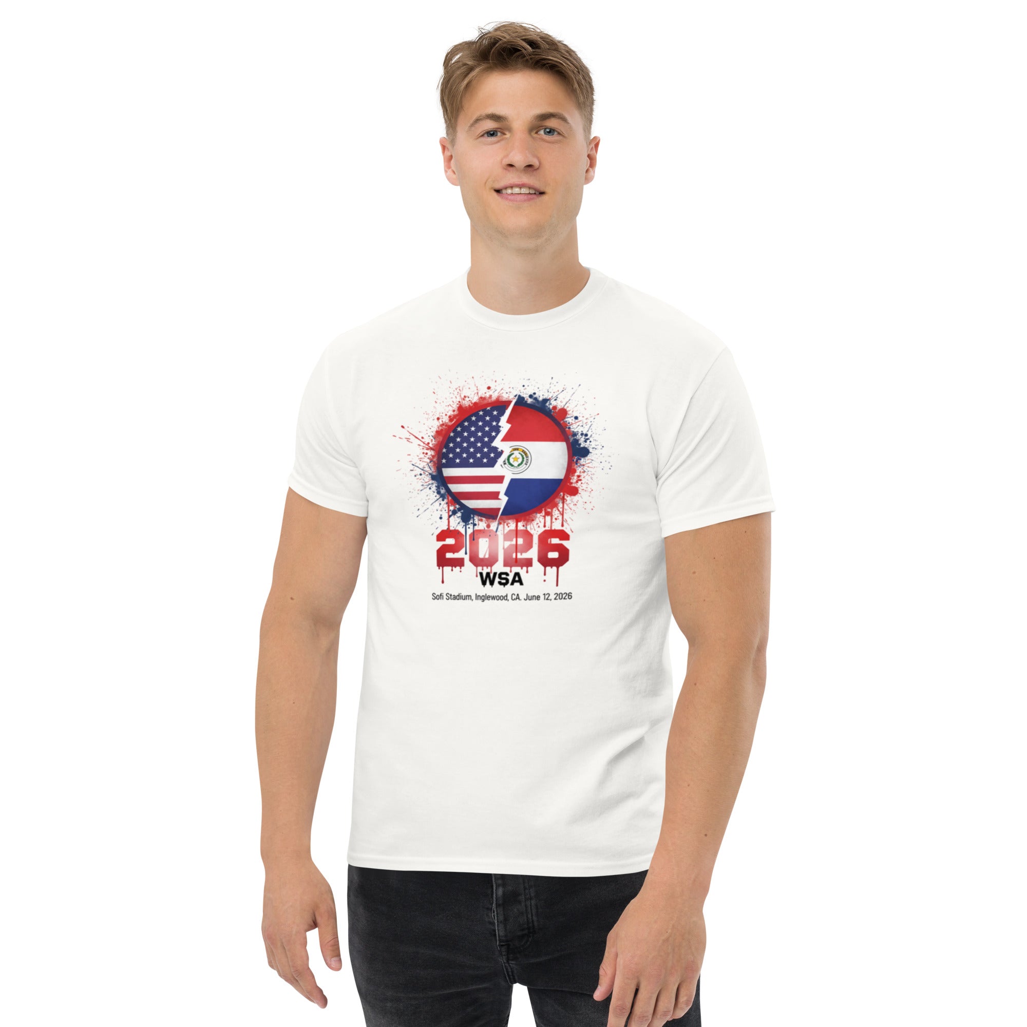 Person wearing a white t-shirt with a design featuring the American and Paraguayan flags, text '2026 WSA', and a heart shape on a white background.