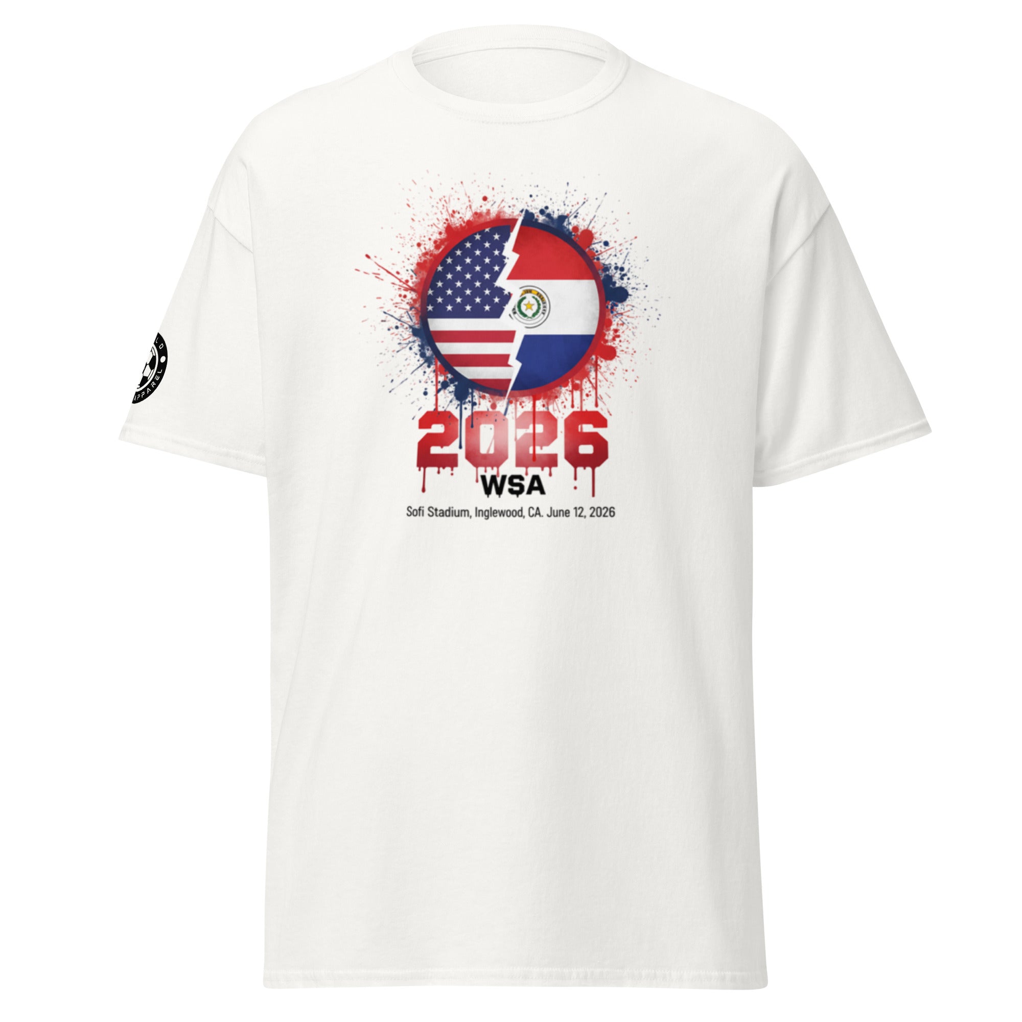 White t-shirt with a graphic design featuring an American flag and Paraguayan flag, along with text '2026 WSA'.