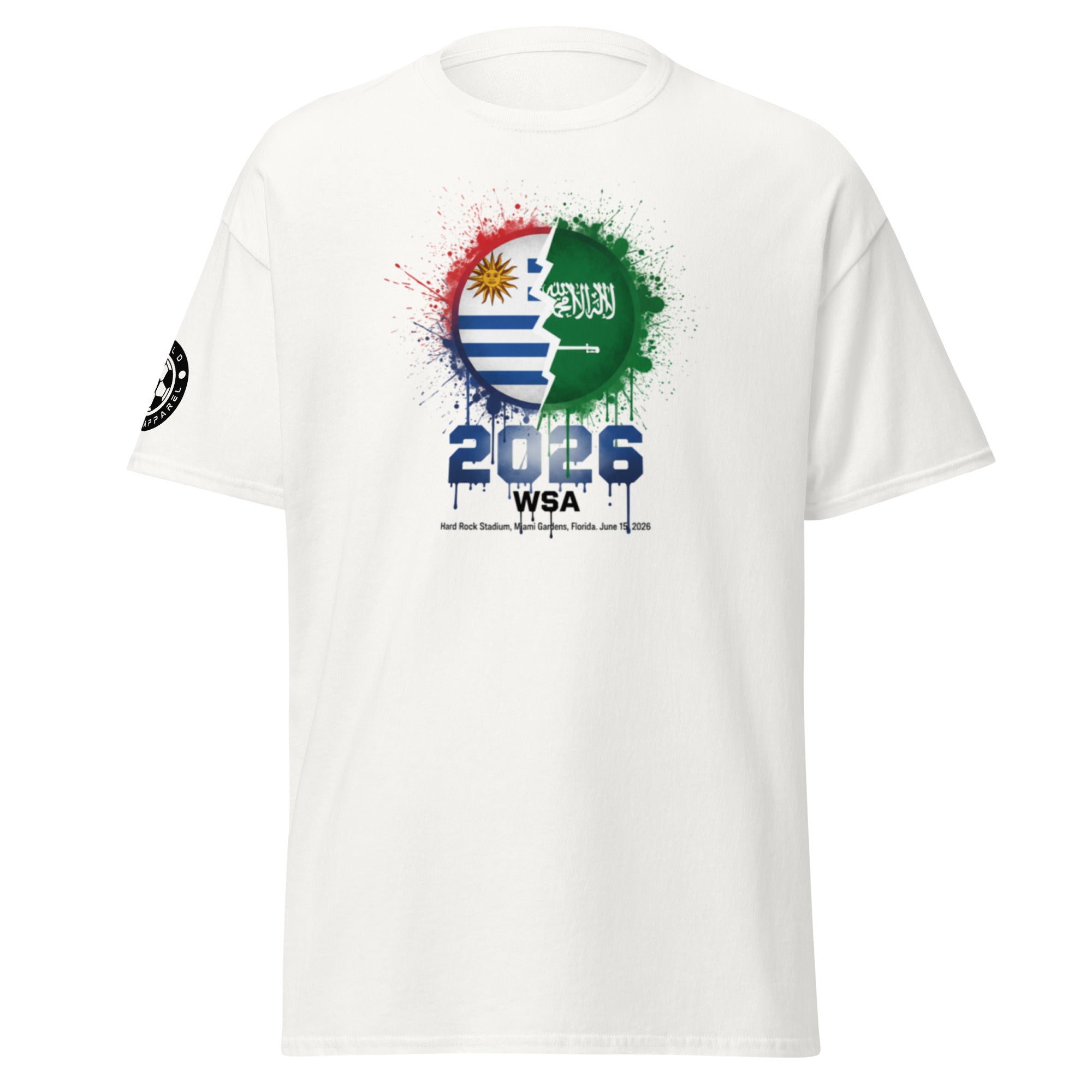 White t-shirt with a graphic design featuring the number 2026 and text on a white background