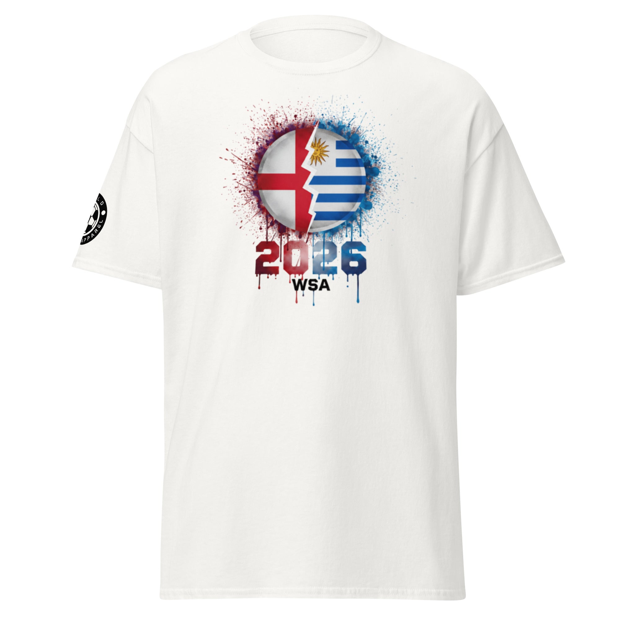 White t-shirt with a colorful graphic design on a white background
