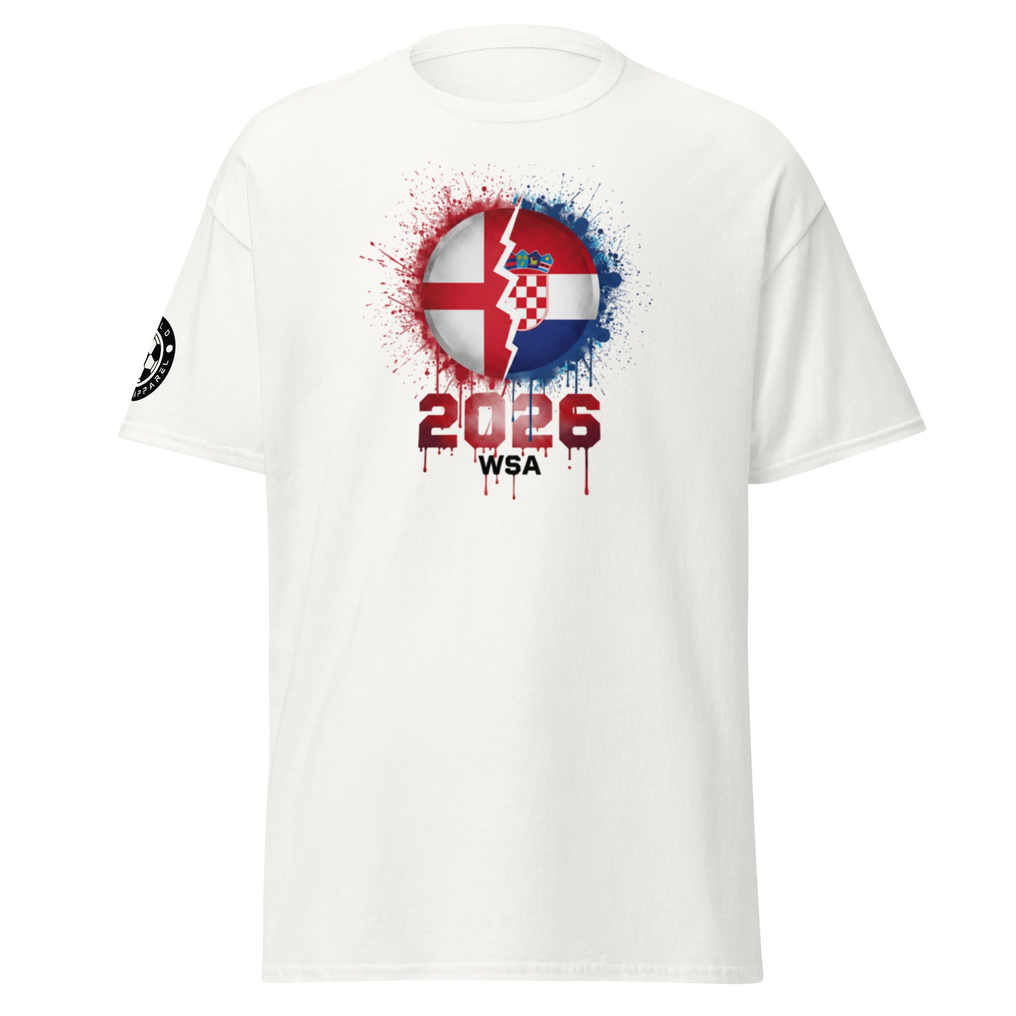 White t-shirt with a graphic design featuring a flag and text on a white background