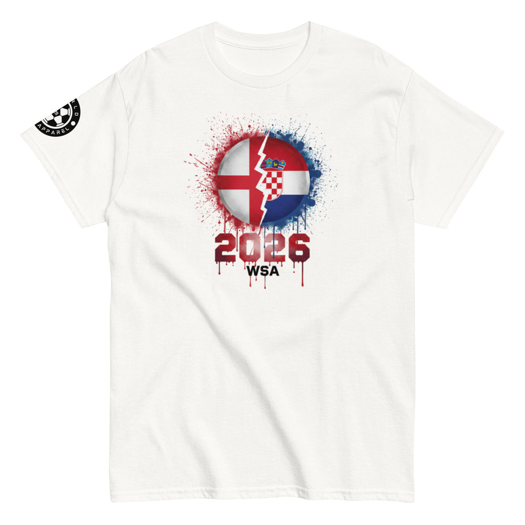 White t-shirt with a graphic design featuring a flag and '2026 WSA' text on a white background.