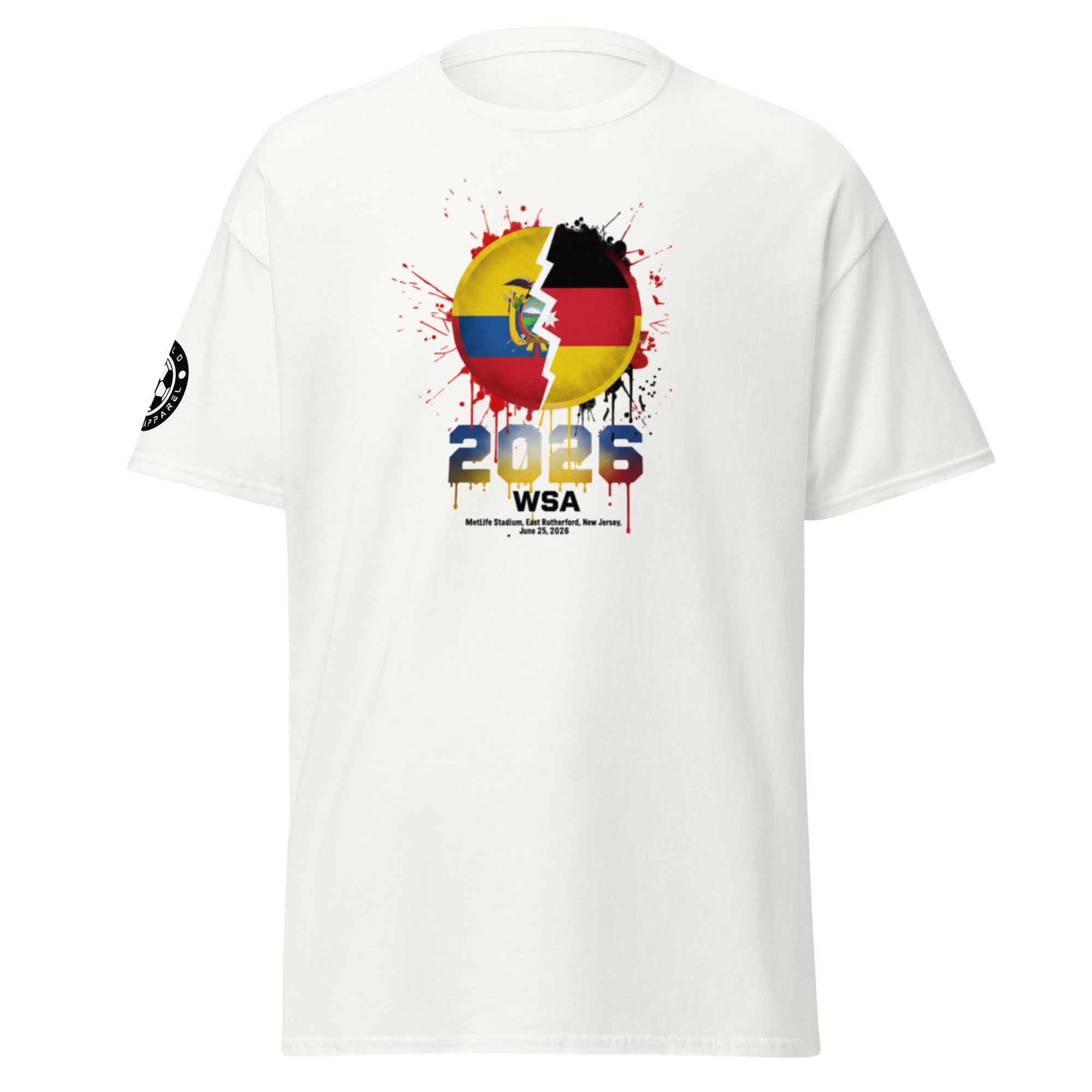 White t-shirt with colorful graphic design and text on a white background