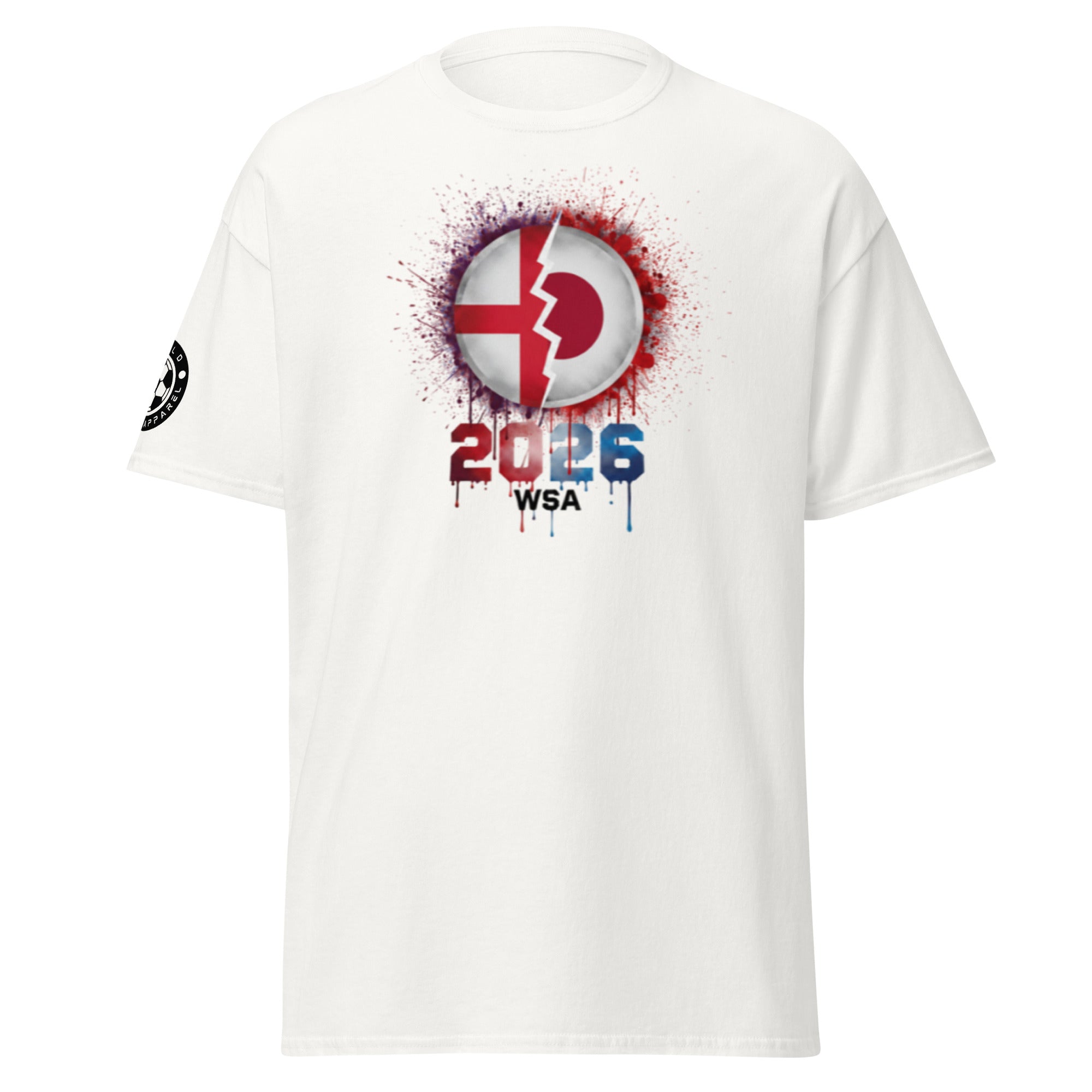 White t-shirt with a red and blue graphic design on a white background