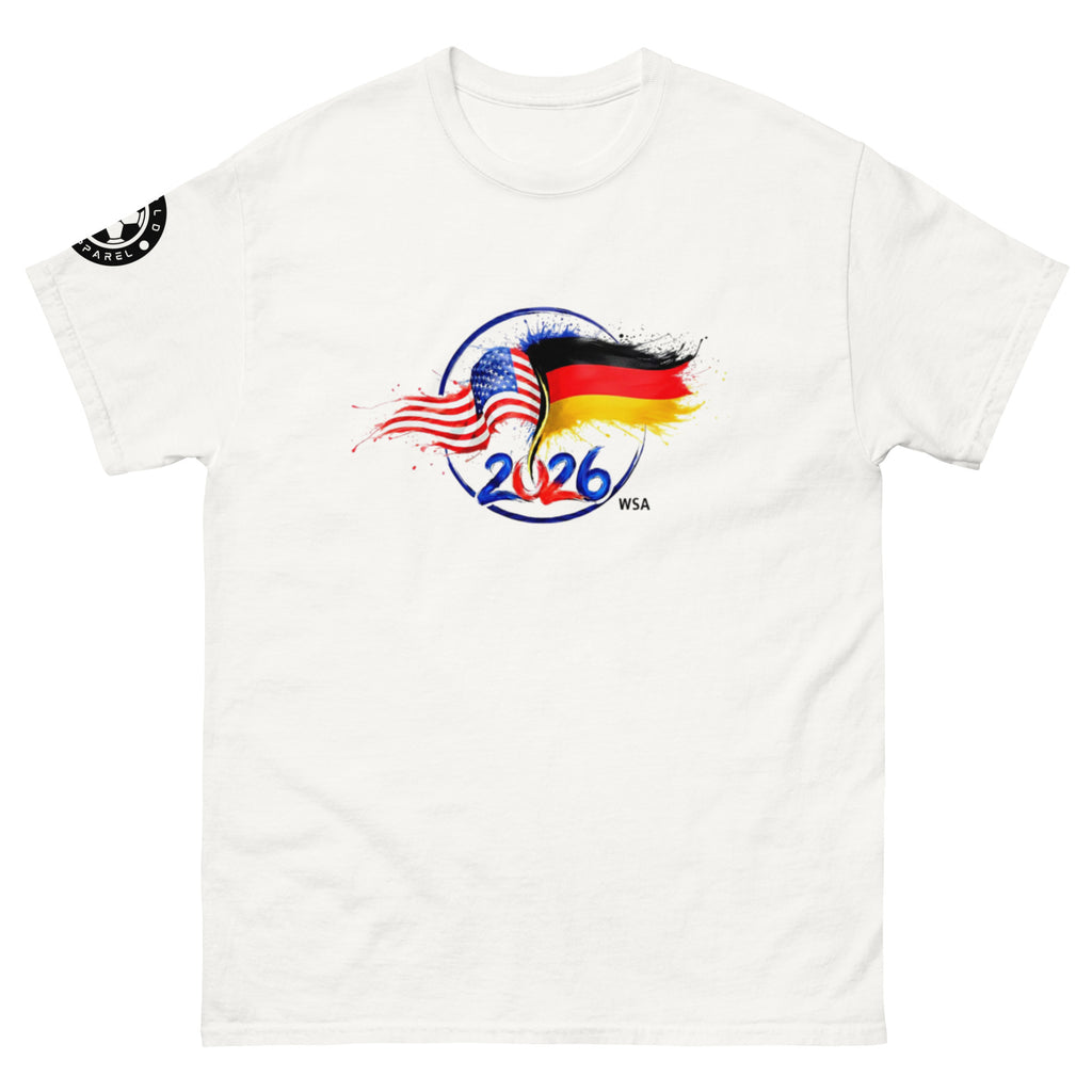 White t-shirt with American and German flag design and '2026 WSA' text on a white background