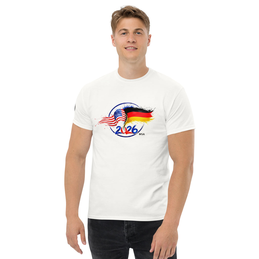 Person wearing a white t-shirt with a graphic design on a white background