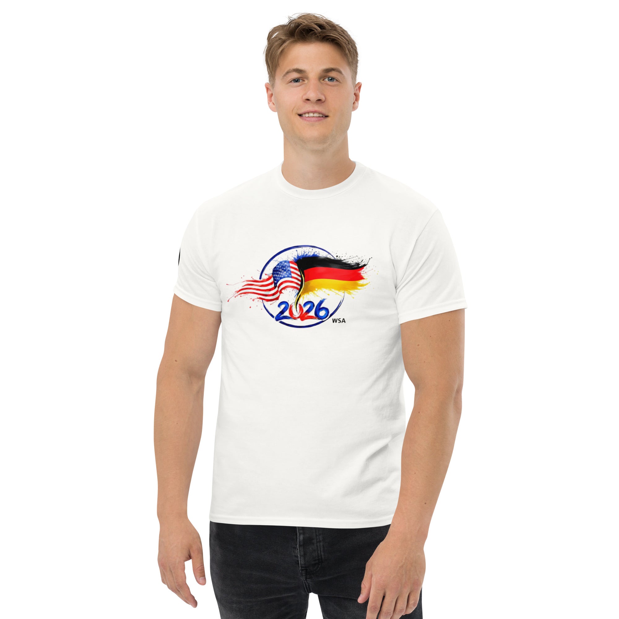 Person wearing a white t-shirt with a graphic design on a white background