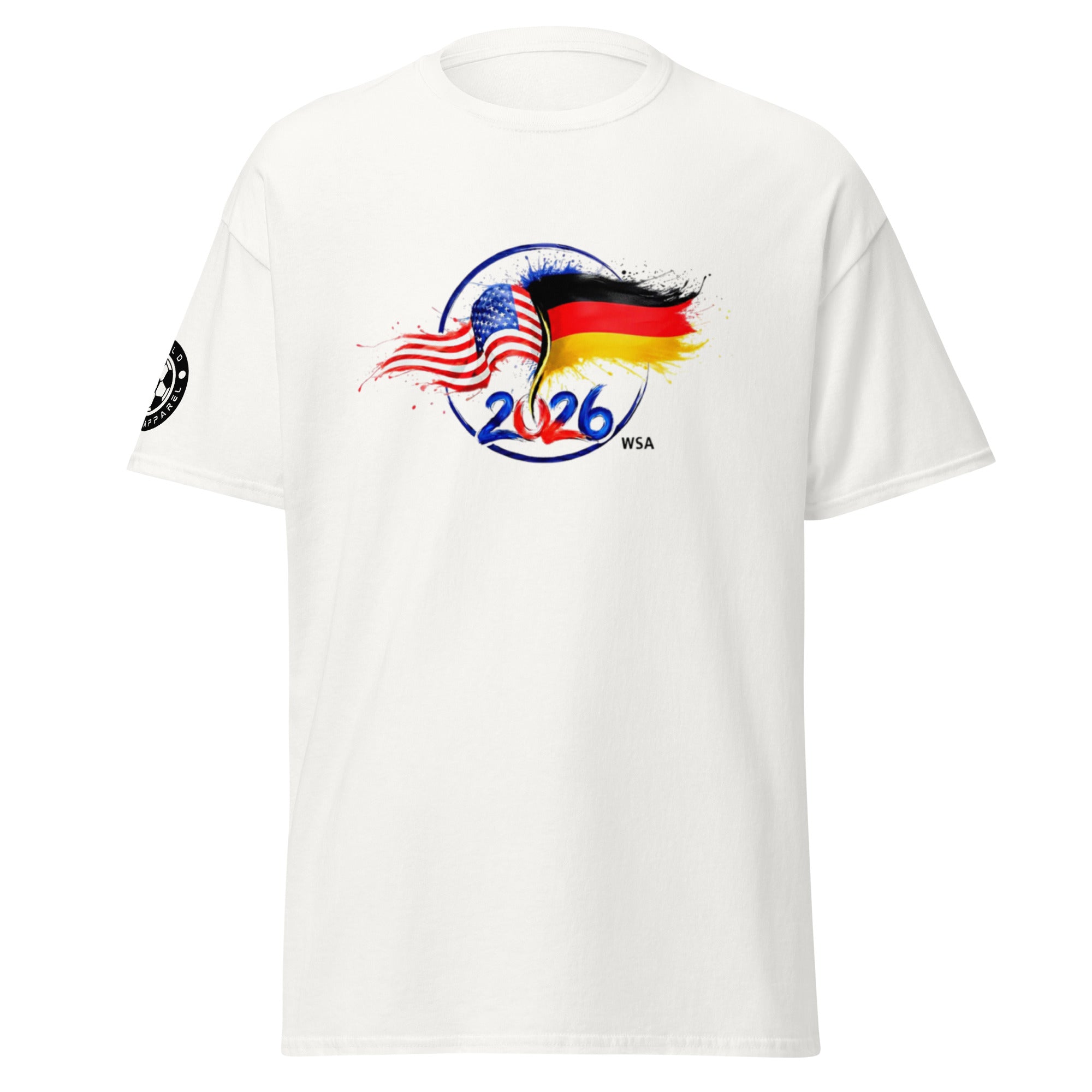 White t-shirt with American and German flag design and '2026 WSA' text on a white background