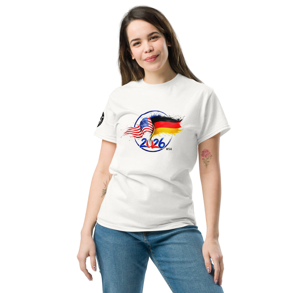Woman wearing a white t-shirt with a colorful graphic design on a white background