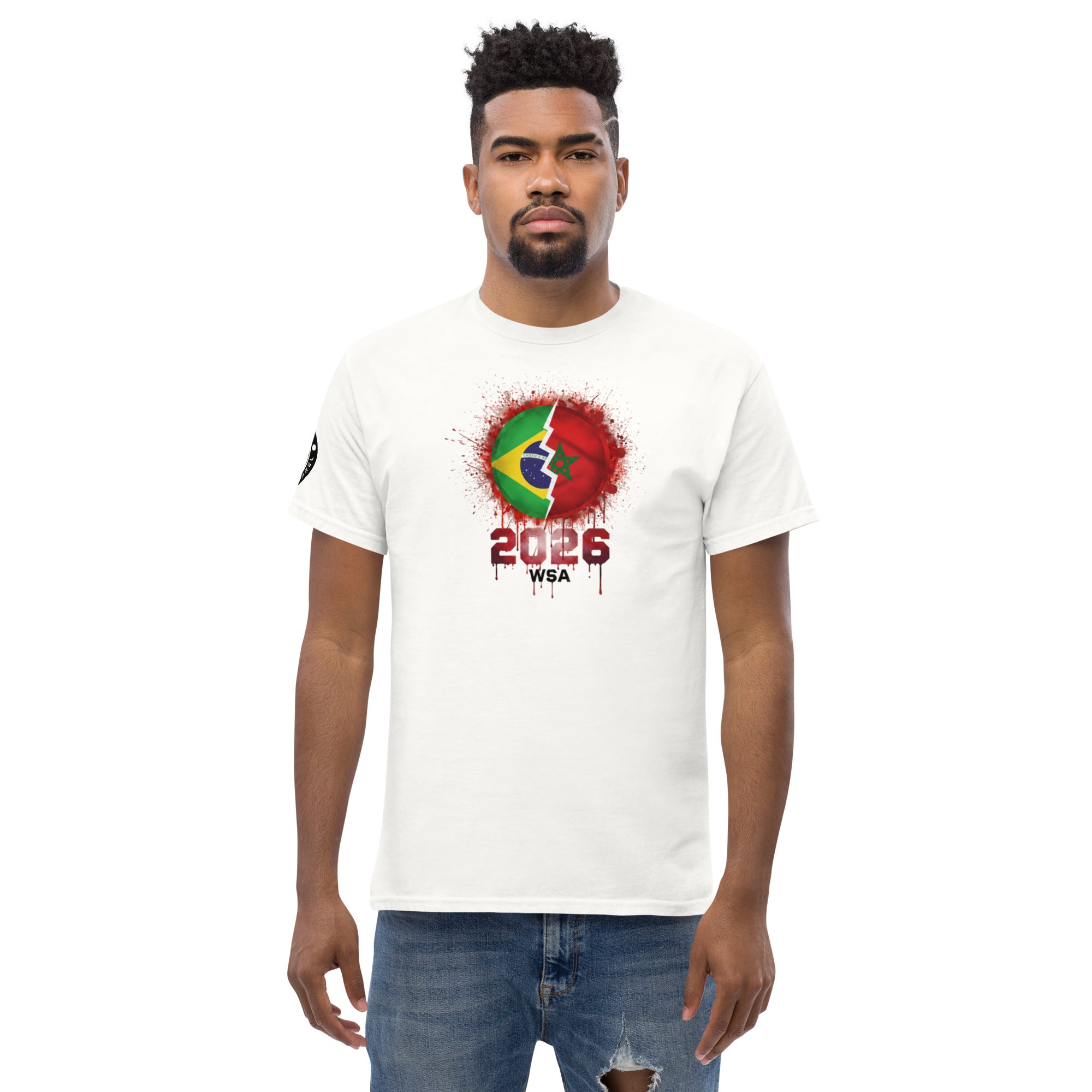 Man wearing a white t-shirt with a colorful design and text on a white background