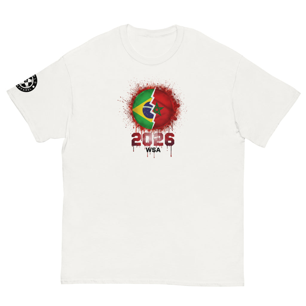 White t-shirt with a graphic design featuring a world map and '2026 WSA' text on a white background