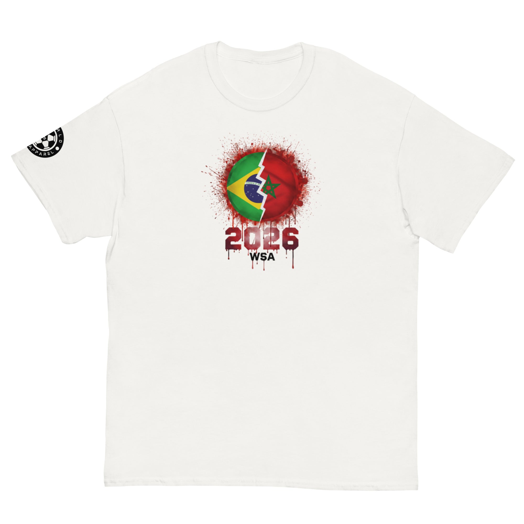 White t-shirt with a graphic design featuring a world map and '2026 WSA' text on a white background