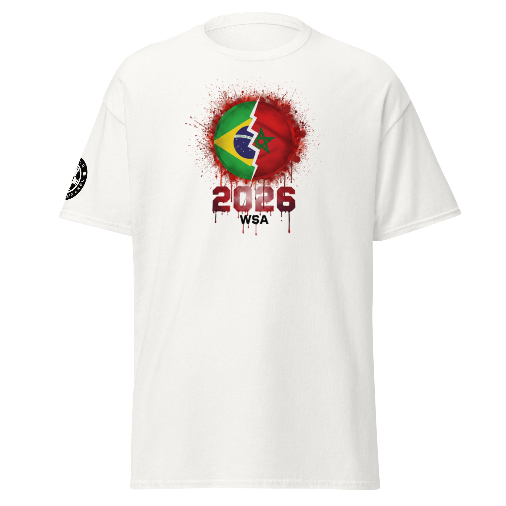 White t-shirt with a graphic design featuring a flag and '2026 WSA' text on a white background