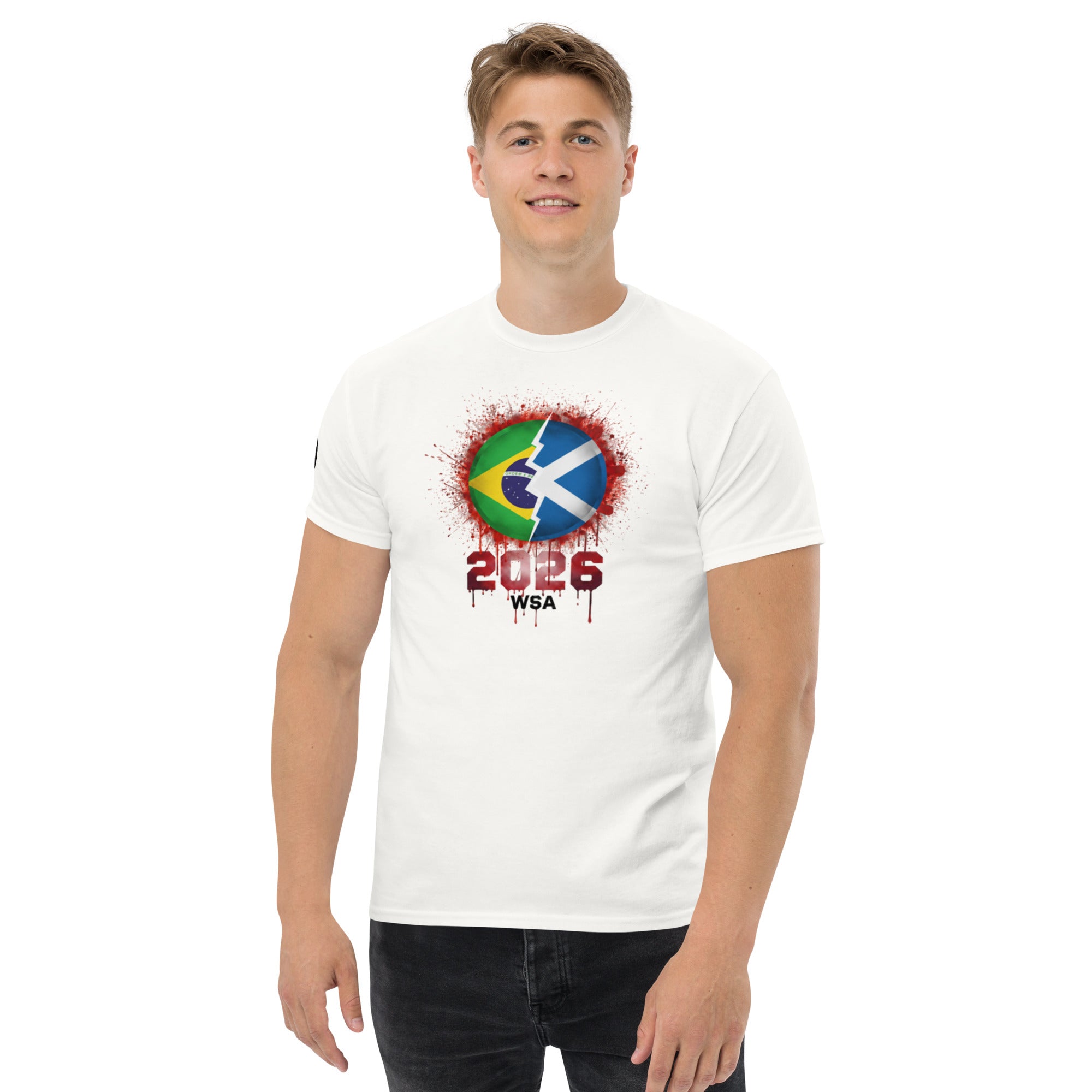 Person wearing a white t-shirt with a colorful design and text on a white background