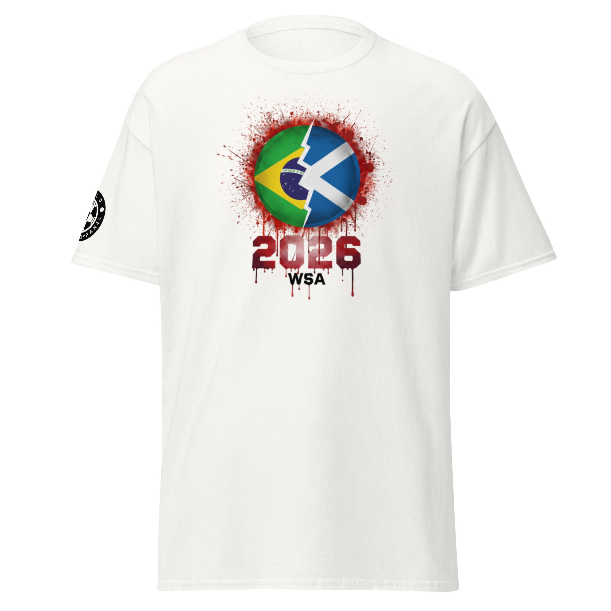 White t-shirt with a colorful graphic design featuring flags and text on a white background