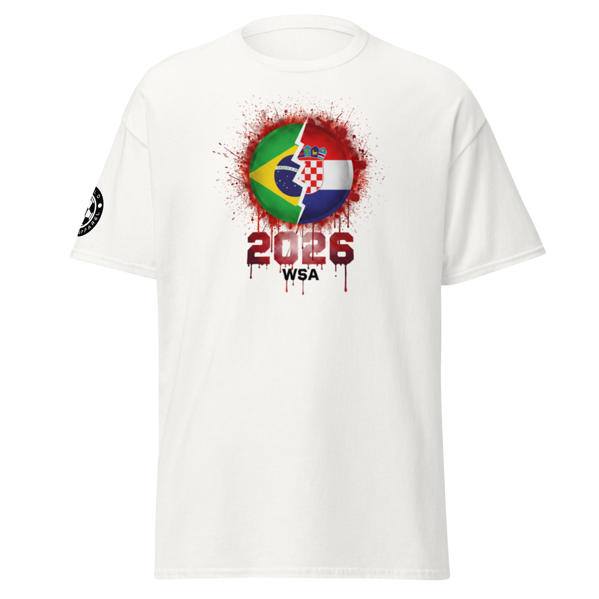 White t-shirt with a colorful graphic design featuring flags and text on a white background