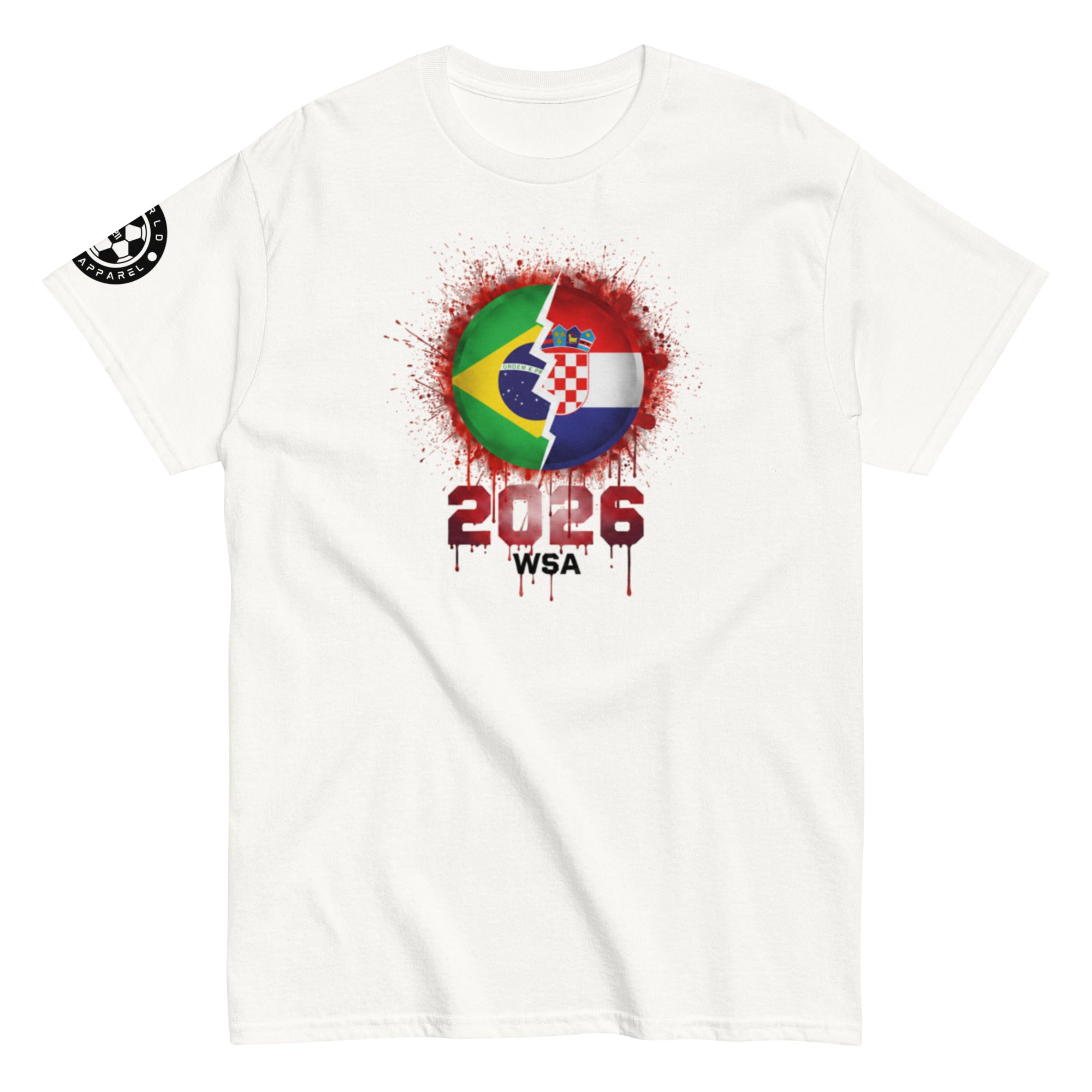 White t-shirt with a colorful graphic design featuring flags and '2026 WSA' text on a white background.