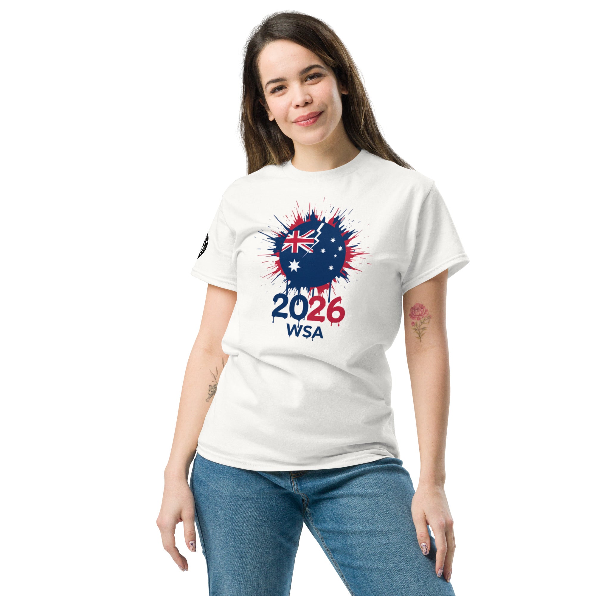 Woman wearing a white t-shirt with 2026 WSA design on a white background