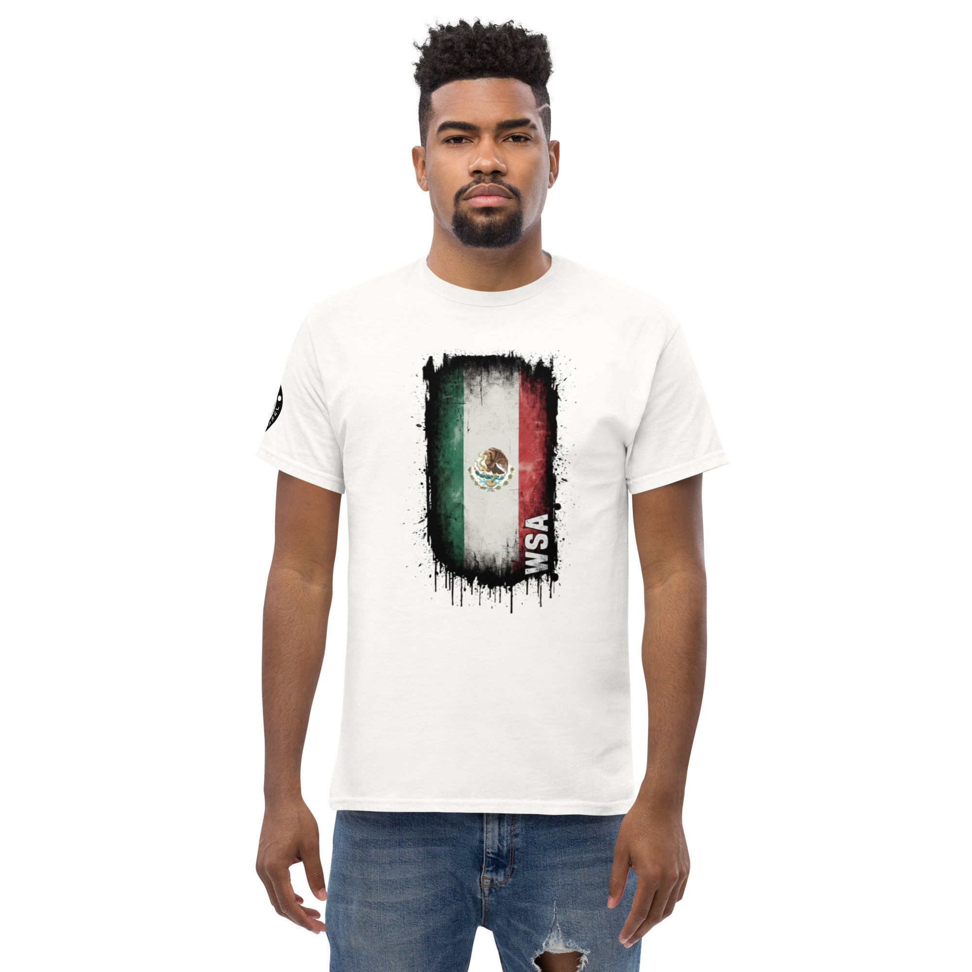 Man wearing a white t-shirt with a graphic design on a white background