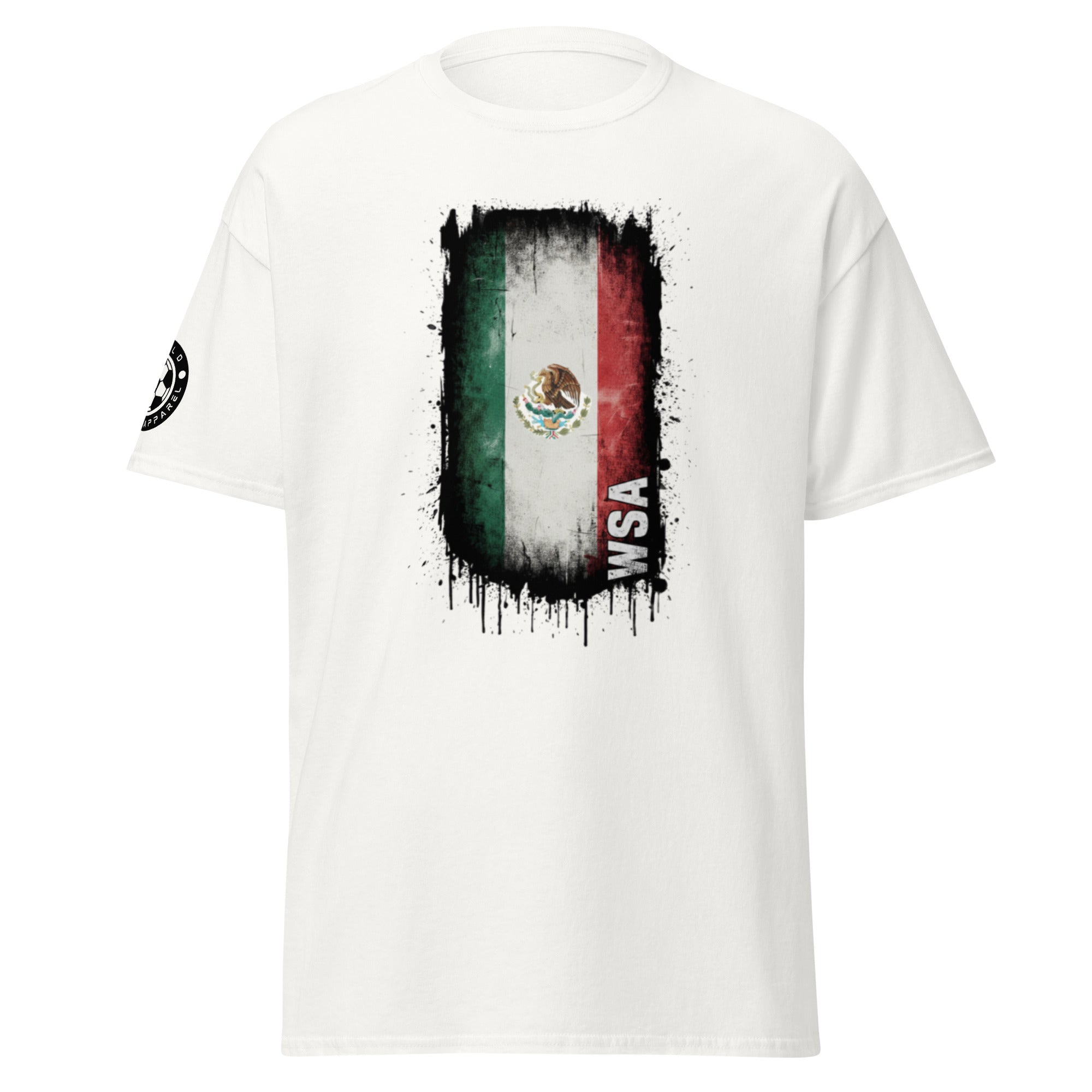 White t-shirt with a graphic design of a flag and 'WSA' text on a white background