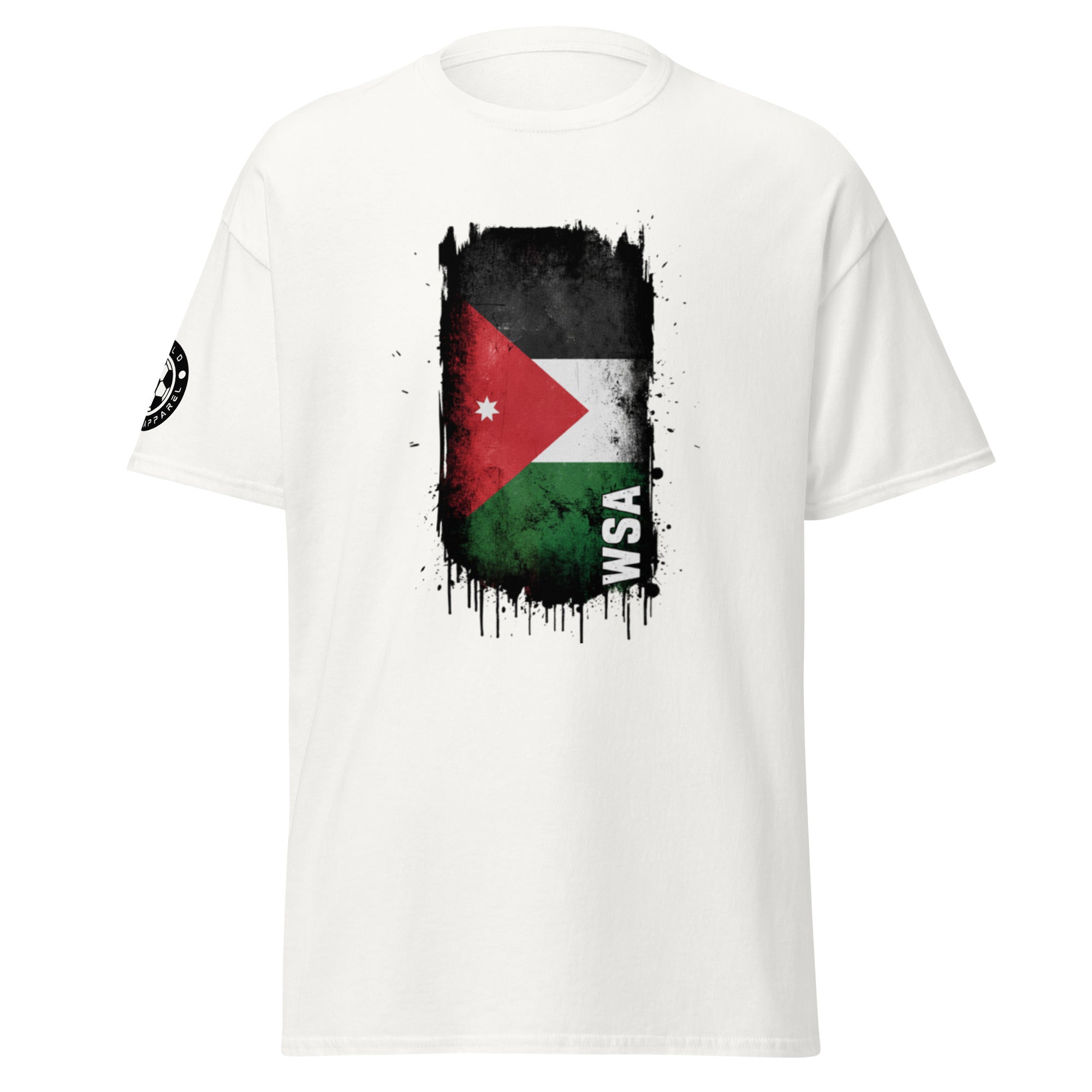 White t-shirt with Jordanian flag design on a white background