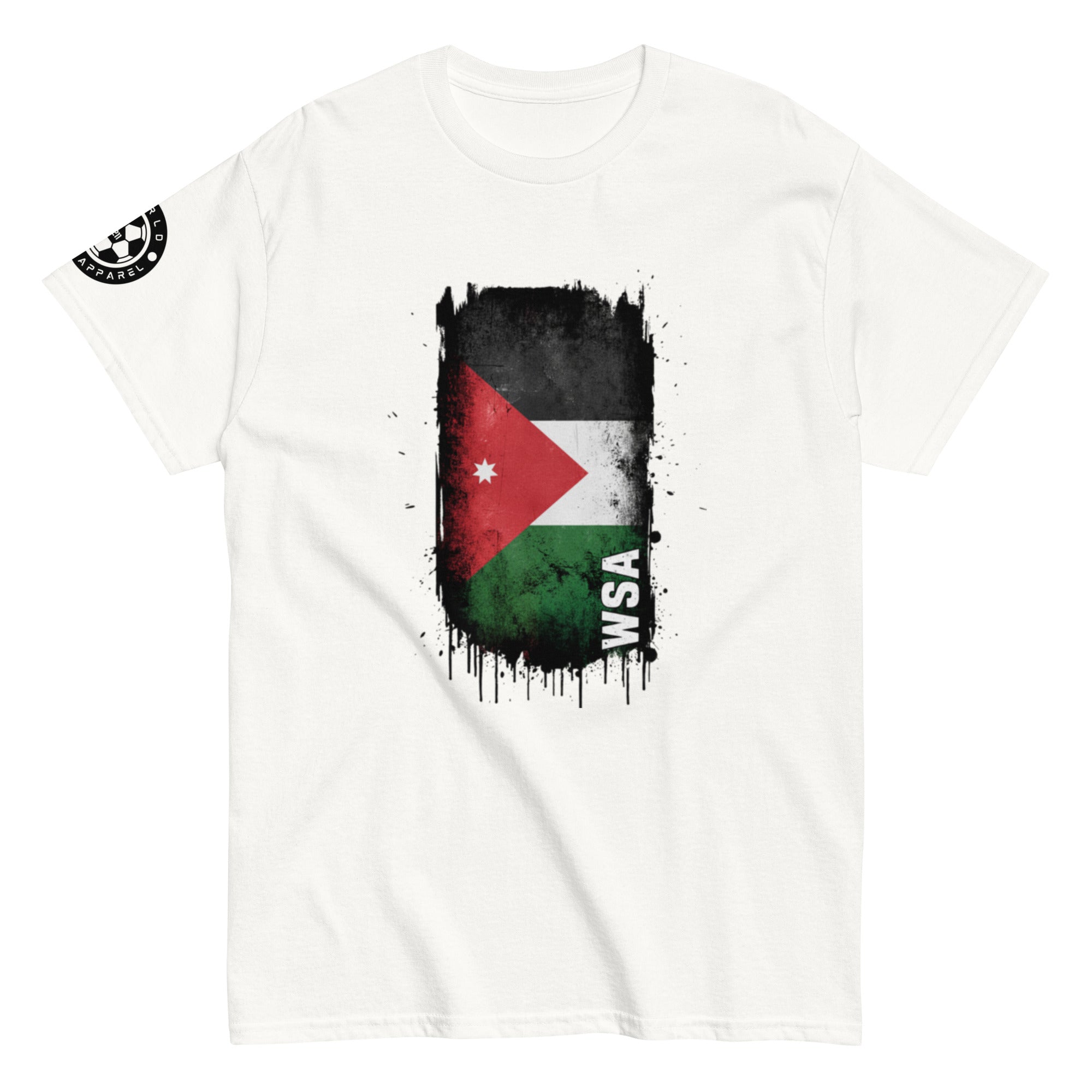 White t-shirt with a flag design and 'WSA' text on a white background