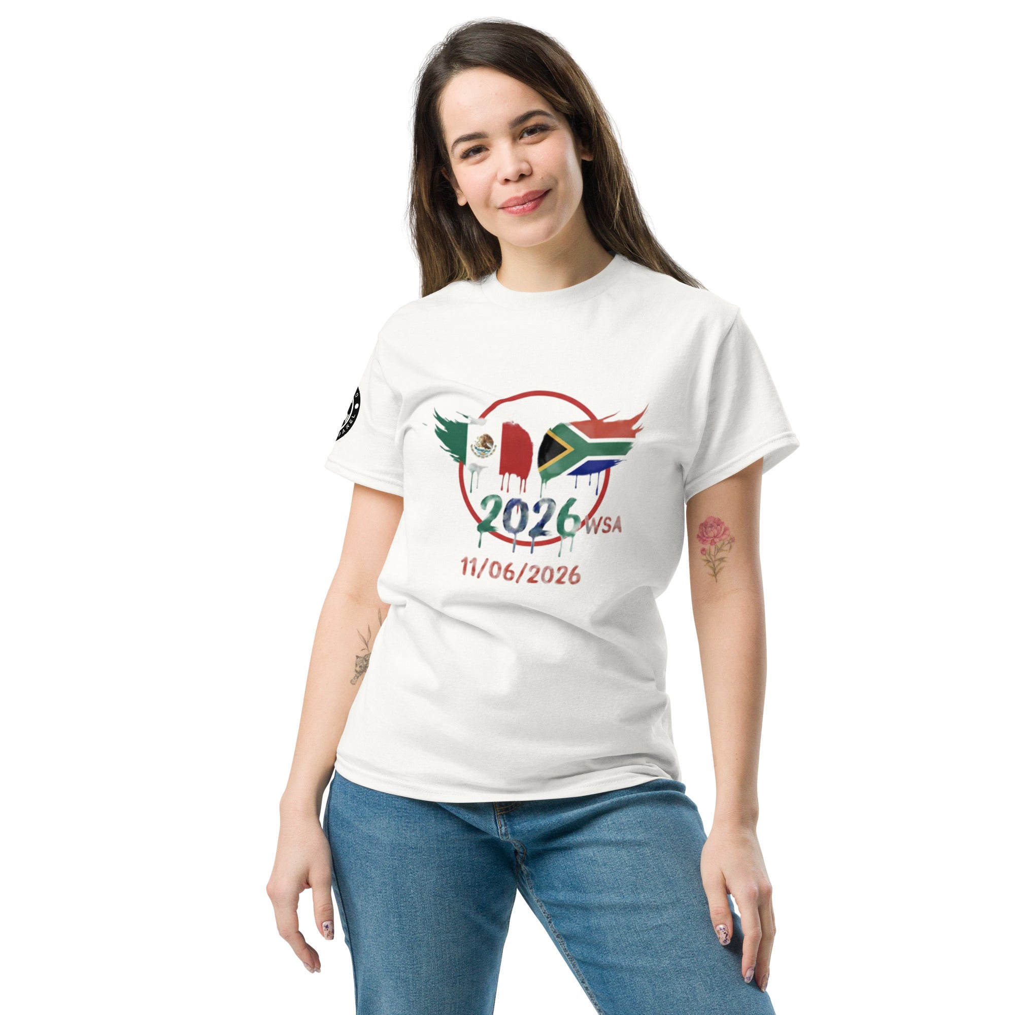 Woman wearing a white t-shirt with a design featuring flags and text on a white background
