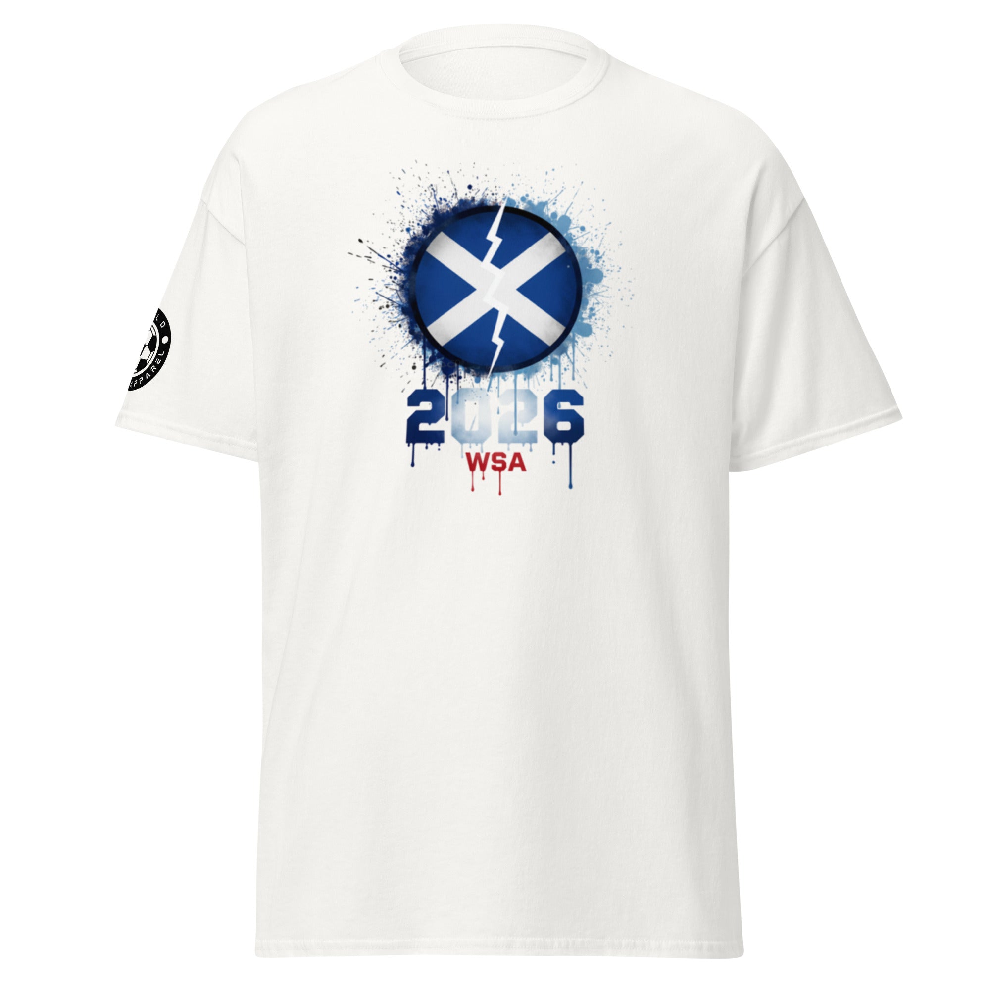 White t-shirt with a blue and white design on the chest and sleeve, featuring text and symbols.