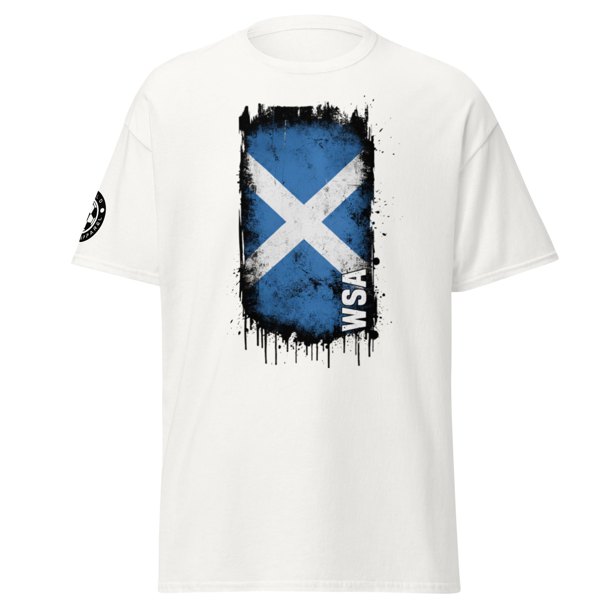 White t-shirt with a blue and white saltire design and 'WSA' text on a white background