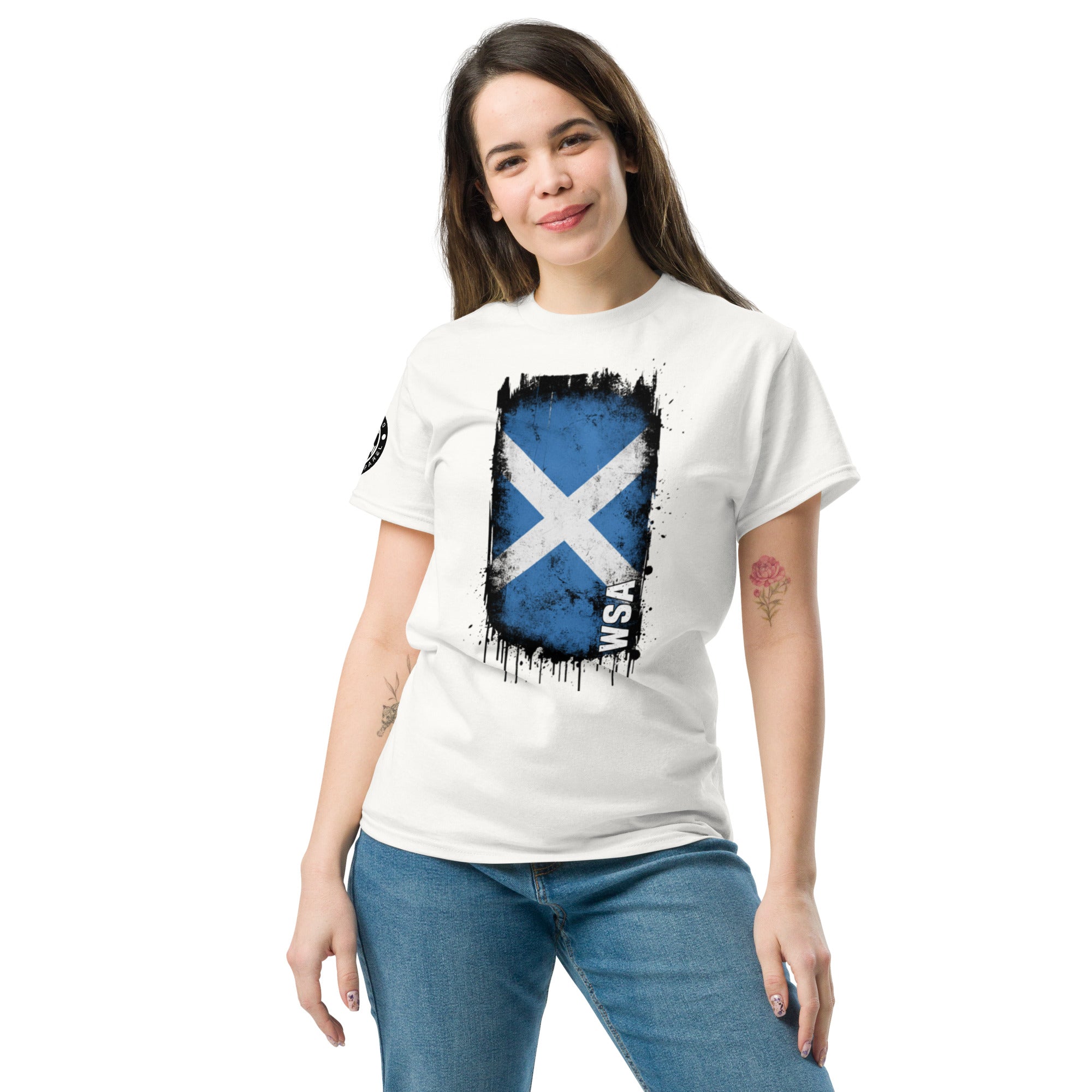 Woman wearing a white t-shirt with a blue and white design on a white background