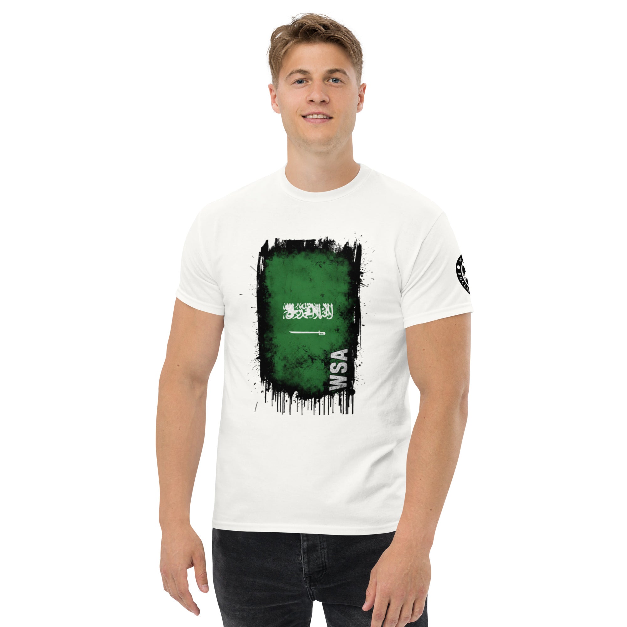 Man wearing a white t-shirt with a green graphic design on a white background